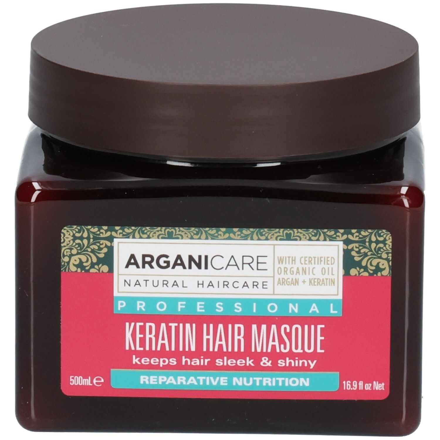 Masque capillaire à la kératine Arganicare dans un pot brun avec couvercle brun. Étiquette avec informations produit.