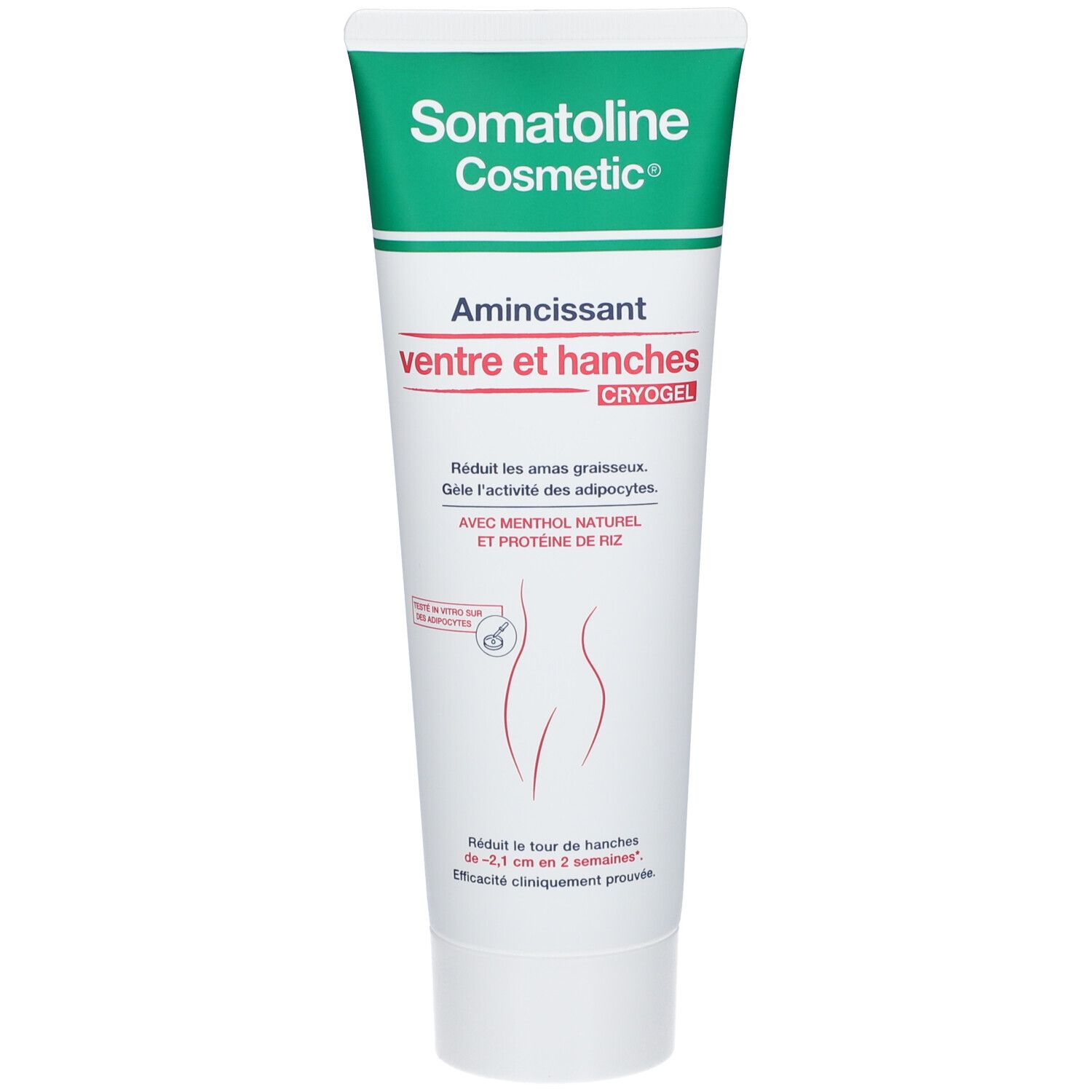 Tube blanc avec bouchon vert. Inscription : Somatoline Cosmetic, Amincissant Ventre et Hanches. Nom du produit et informations.
