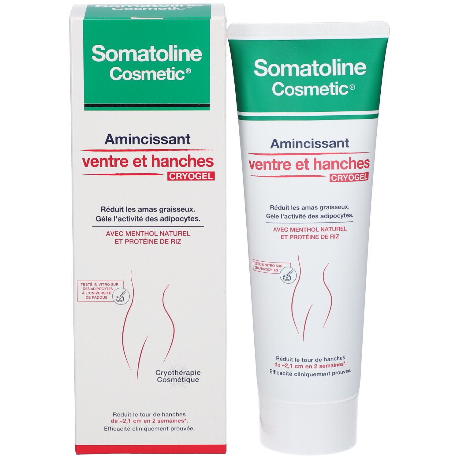 Tube et boîte. Inscription : Somatoline Cosmetic, Amincissant Ventre et Hanches. Nom du produit et informations.