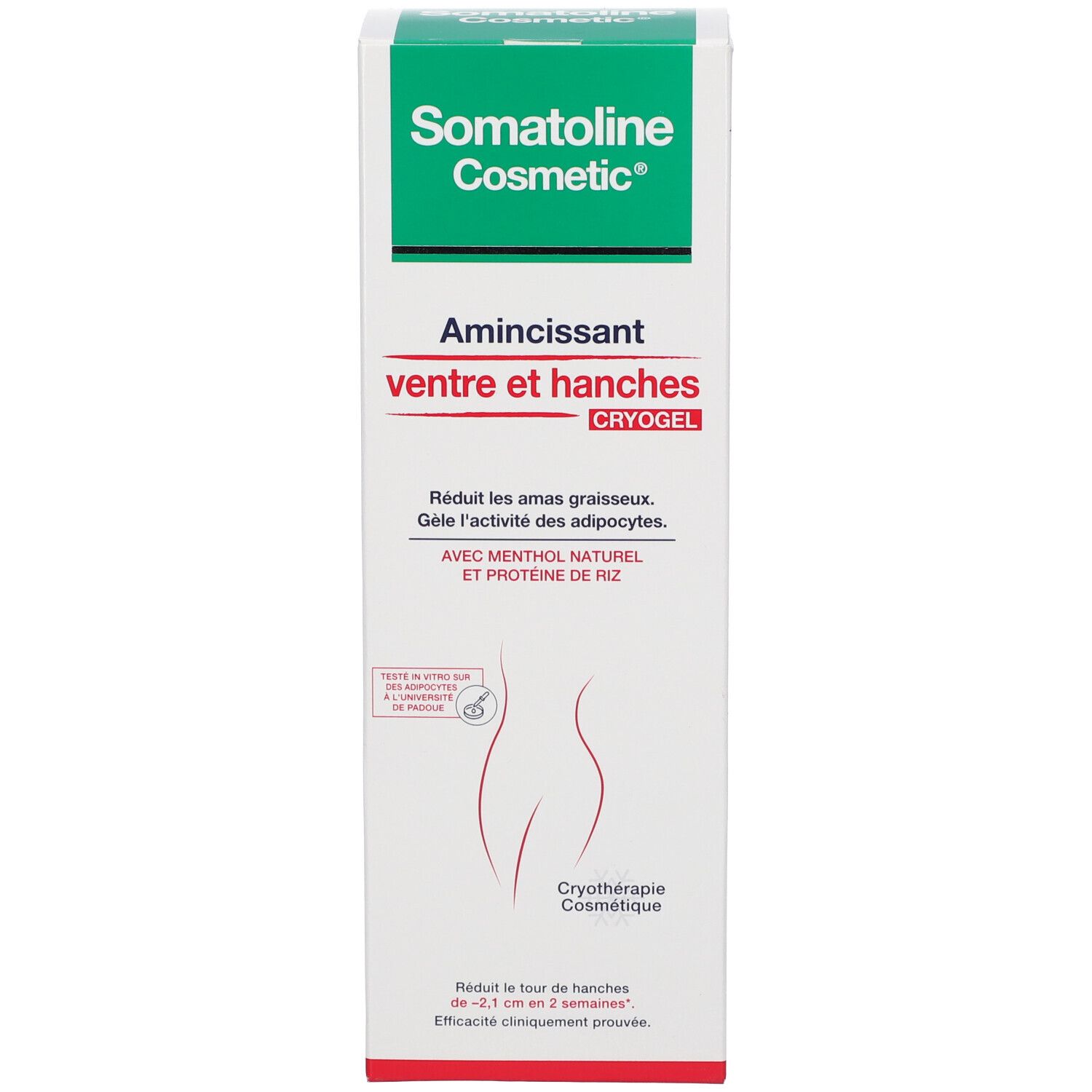 Boîte. Inscription : Somatoline Cosmetic, Amincissant Ventre et Hanches. Nom du produit et informations.