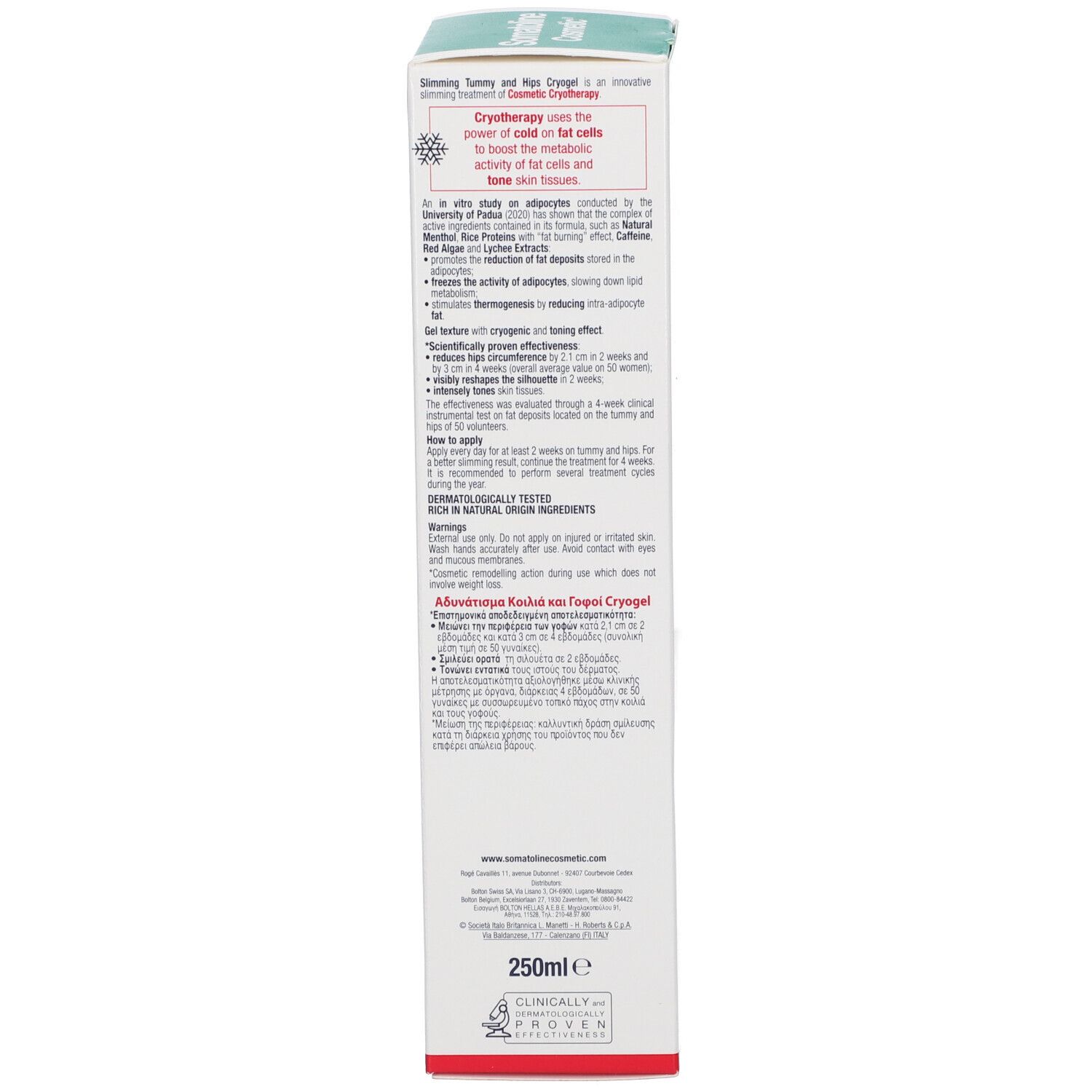Dos de la boîte. Texte : Somatoline Cosmetic, Amincissant Ventre et Hanches. Informations sur le produit et ingrédients.