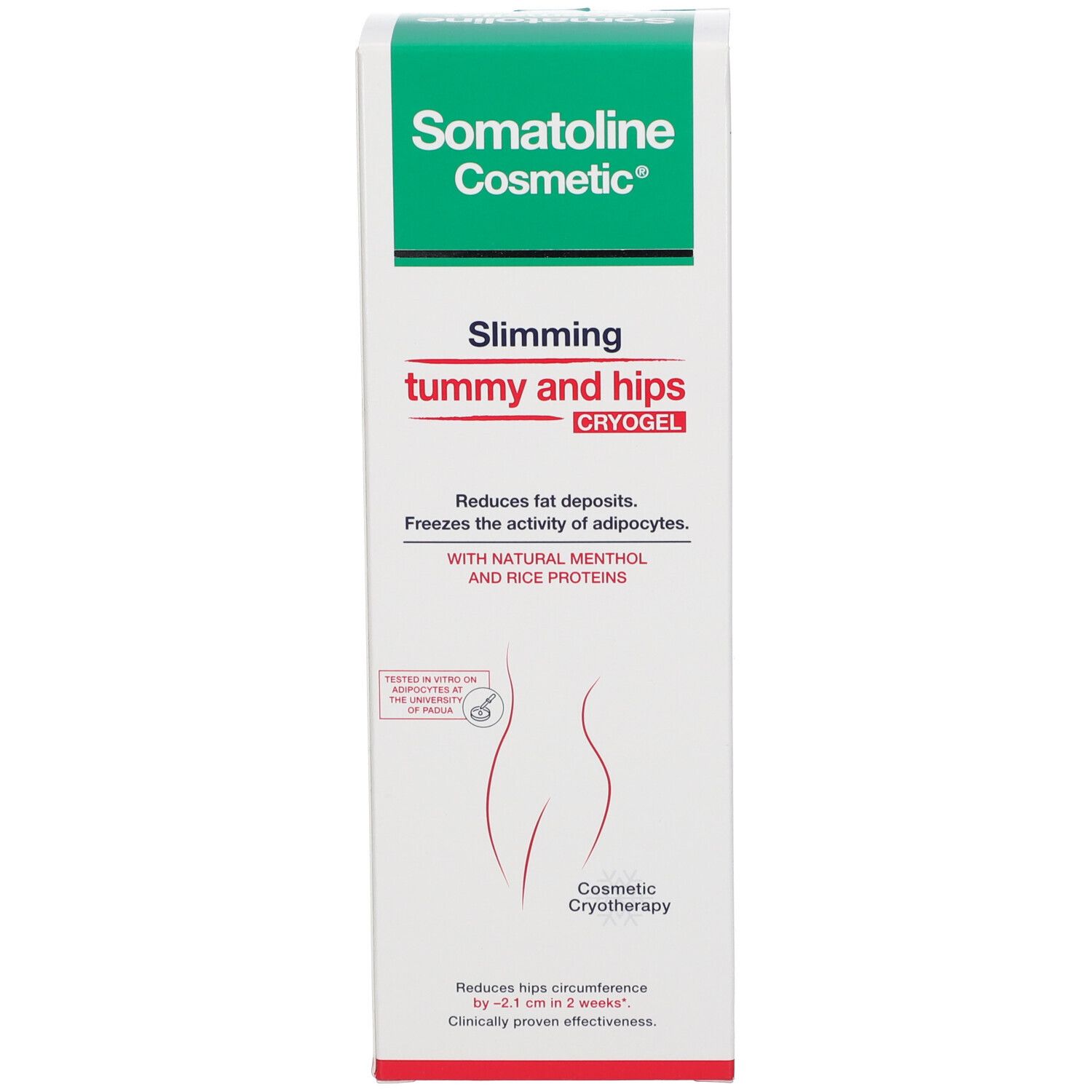 Dos de la boîte. Texte : Somatoline Cosmetic, Slimming tummy and hips. Informations sur le produit et ingrédients.