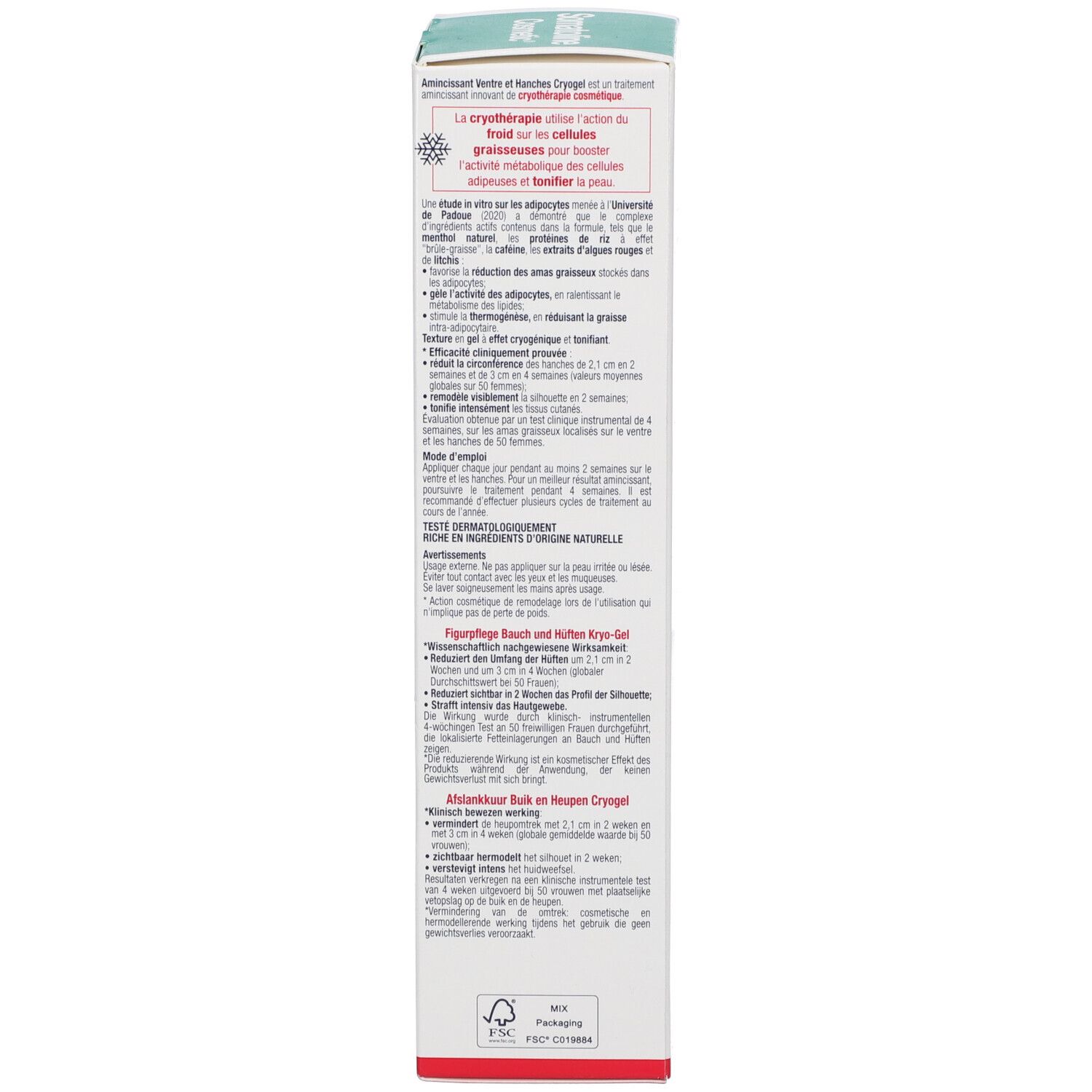 Dos de la boîte. Texte : Somatoline Cosmetic, Amincissant Ventre et Hanches. Informations sur le produit et ingrédients.