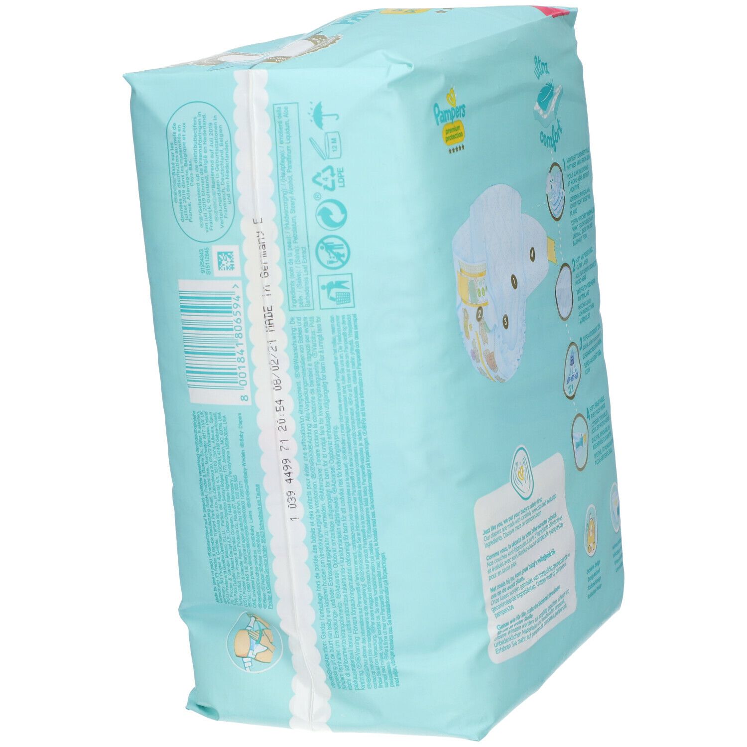 Paquet de couches Pampers Premium Protection, vue en biais. Emballage bleu, informations produit.
