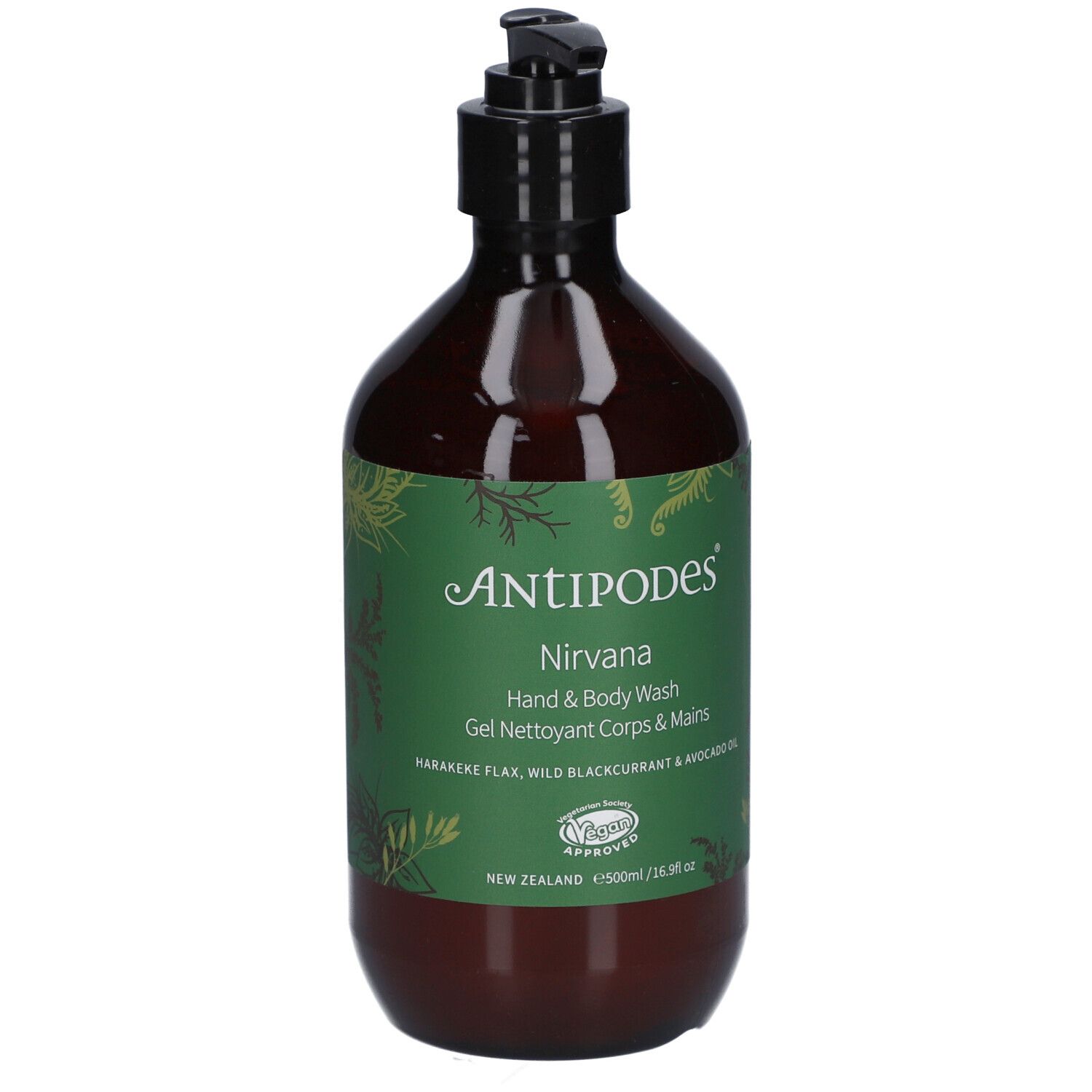 Flacon brun avec pompe noire. Étiquette verte et blanche avec texte ANTIPODES Nirvana Hand & Body Wash.
