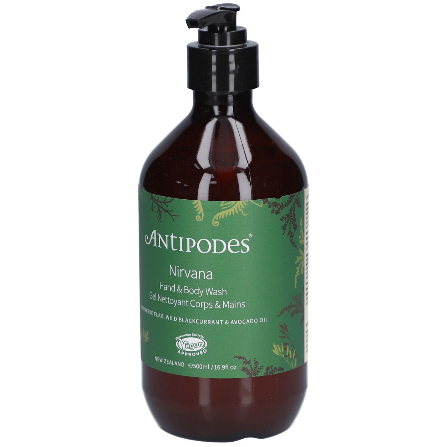 Flacon brun avec pompe noire. Étiquette verte et blanche avec texte ANTIPODES Nirvana Hand & Body Wash.