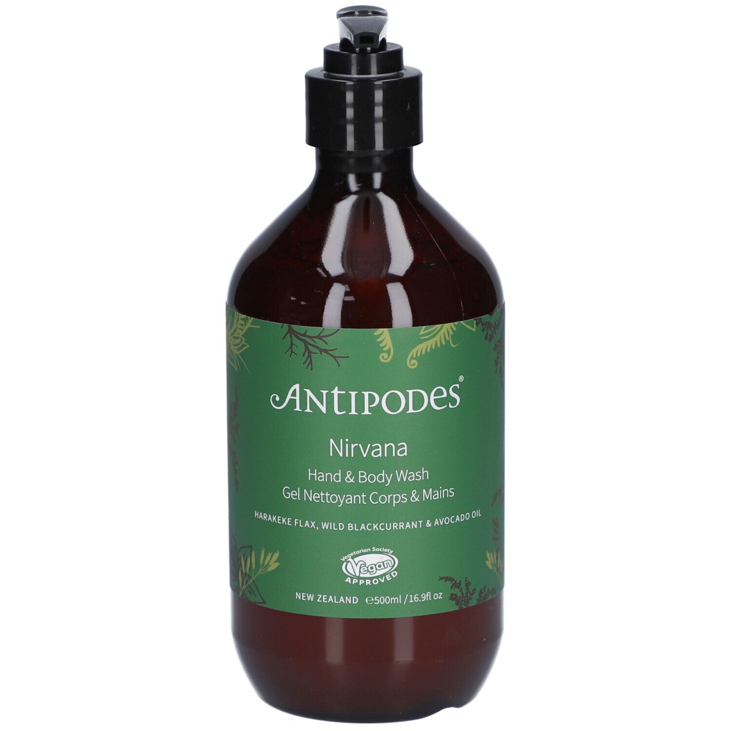 Flacon brun avec pompe noire. Étiquette verte et blanche avec texte ANTIPODES Nirvana Hand & Body Wash.