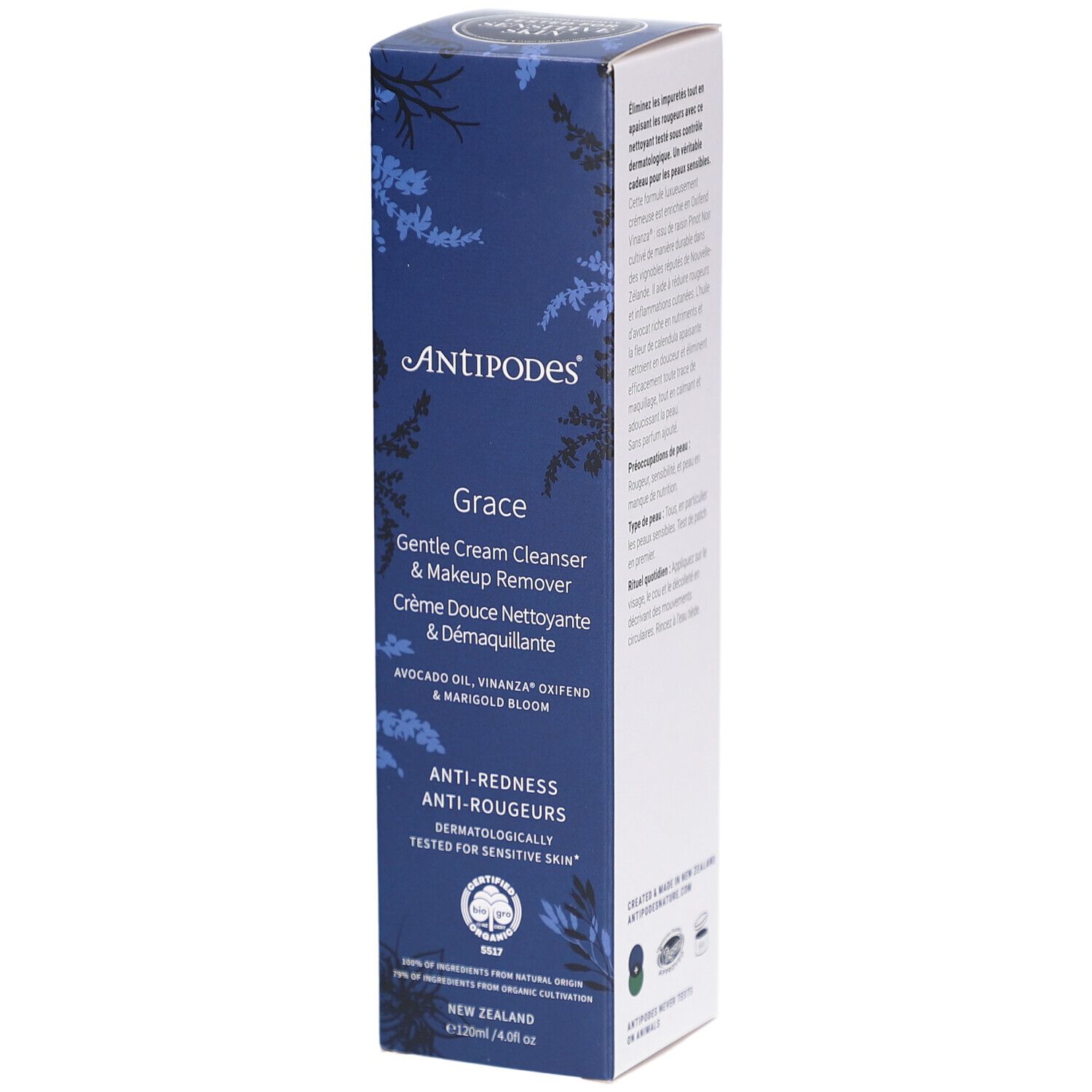 Emballage bleu et blanc. Inscription ANTIPODES, Grace, nettoyant doux & démaquillant. Anti-rougeurs. Testé dermatologiquement.