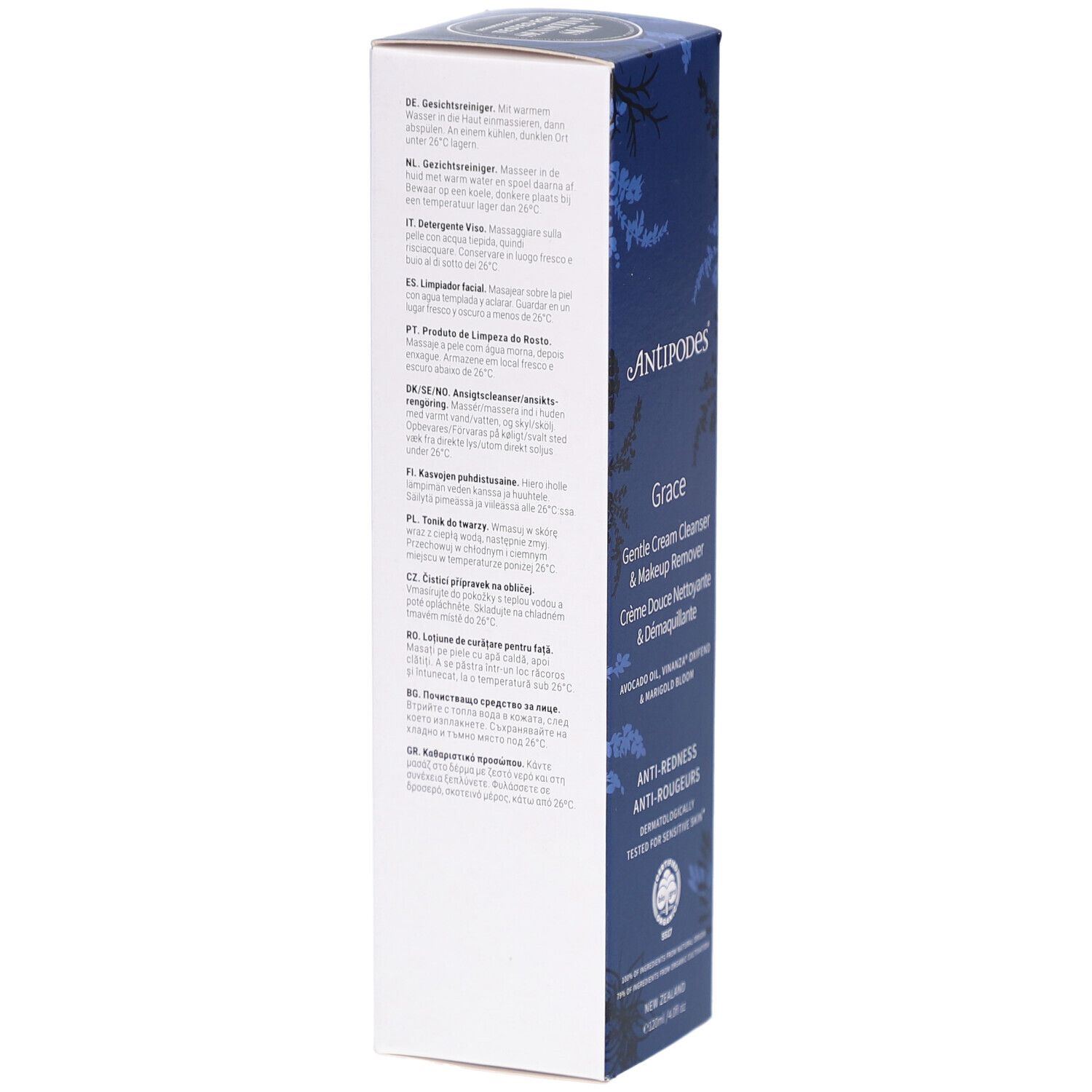 Emballage produit étroit et haut. Texte multilingue. Marque ANTIPODES. Nom du produit Grace. Informations d'utilisation.