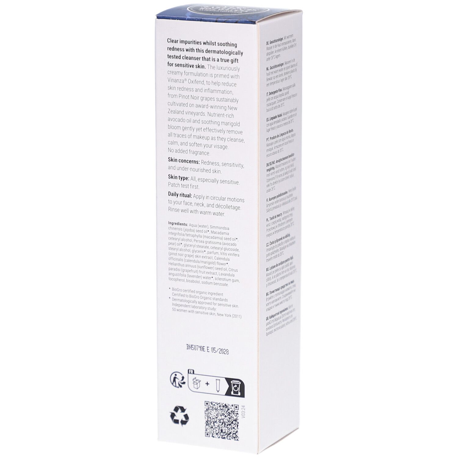 Dos de l'emballage du produit. Texte sur les ingrédients, l'utilisation et le type de peau. Code QR et symboles de recyclage.