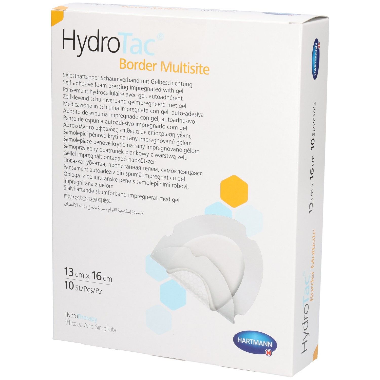 Boîte de HydroTac Border Multisite, 13 x 16 cm. Contient 10 pièces. Logo Hartmann en bas à droite.