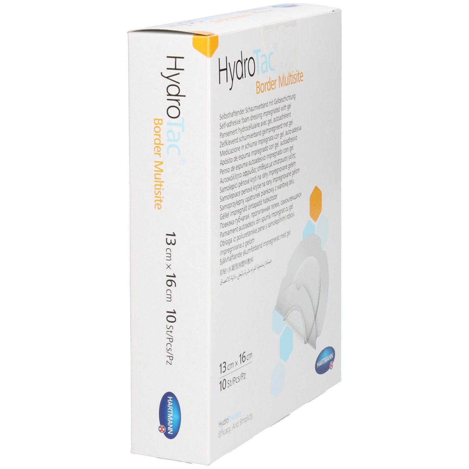 Boîte de HydroTac Border Multisite en biais, 13 x 16 cm. Logo Hartmann en bas.