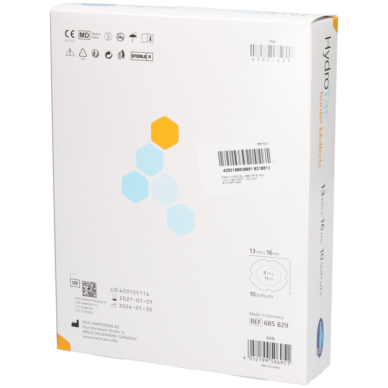 Dos de la boîte HydroTac Border Multisite. Informations produit, numéro de lot, date de péremption et logo.