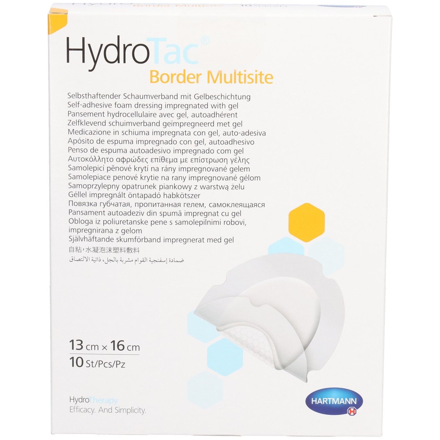 Boîte de HydroTac Border Multisite, 13 x 16 cm. Contient 10 pièces. Logo Hartmann en bas à droite.
