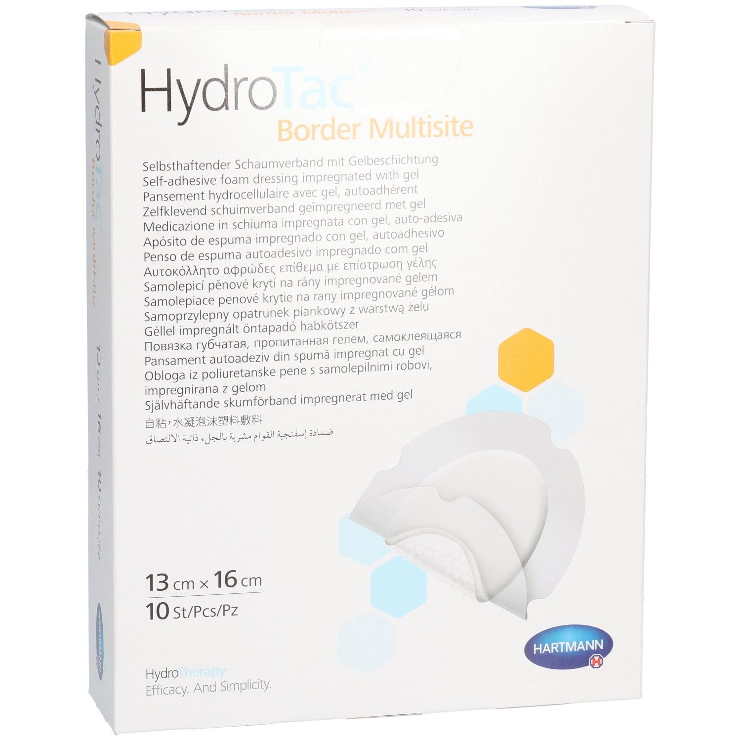 Boîte de HydroTac Border Multisite, 13 x 16 cm. Contient 10 pièces. Logo Hartmann en bas à droite.