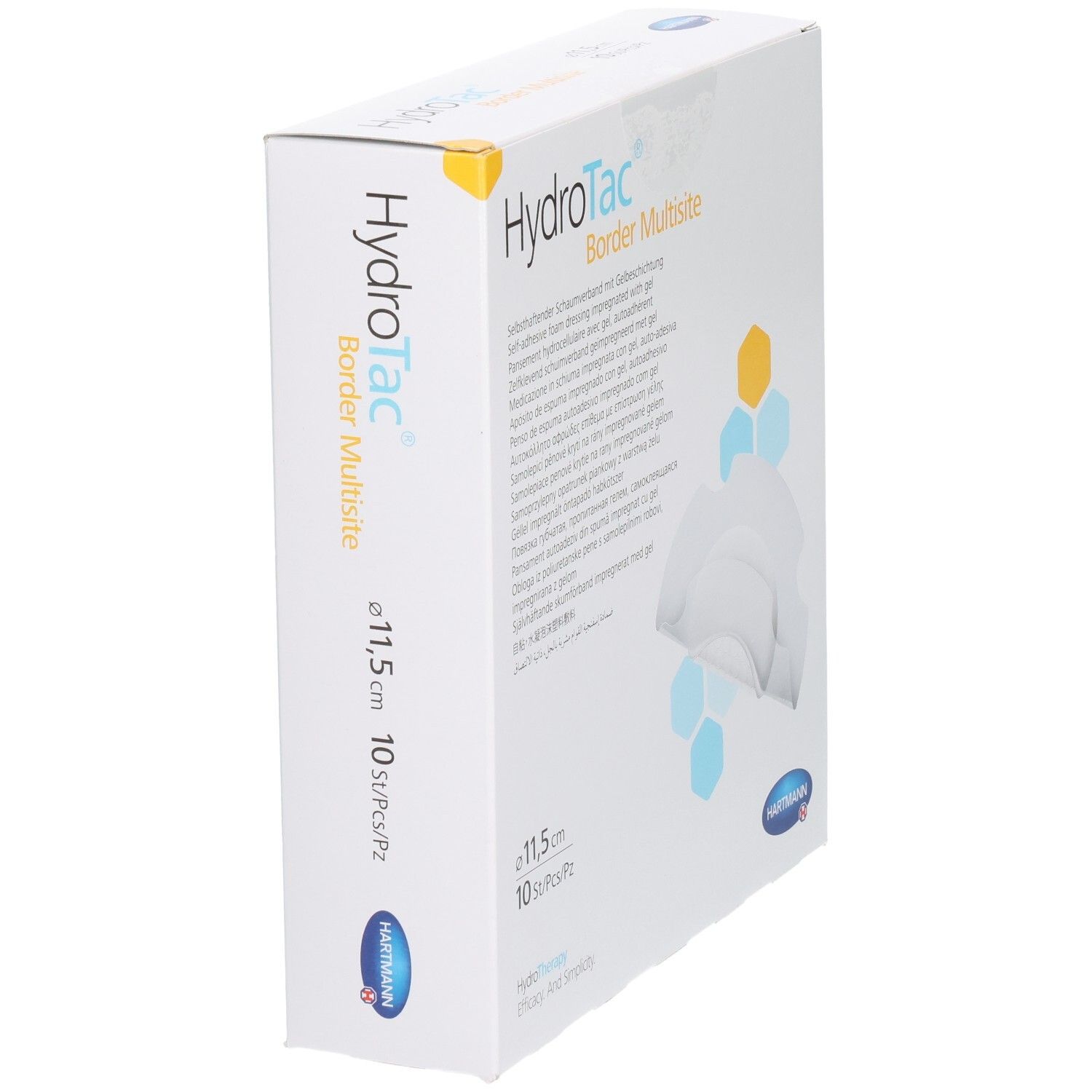 HydroTac Border Multisite, 11,5 cm, 10 pièces. Emballage en biais. Nom du produit et taille clairement visibles.