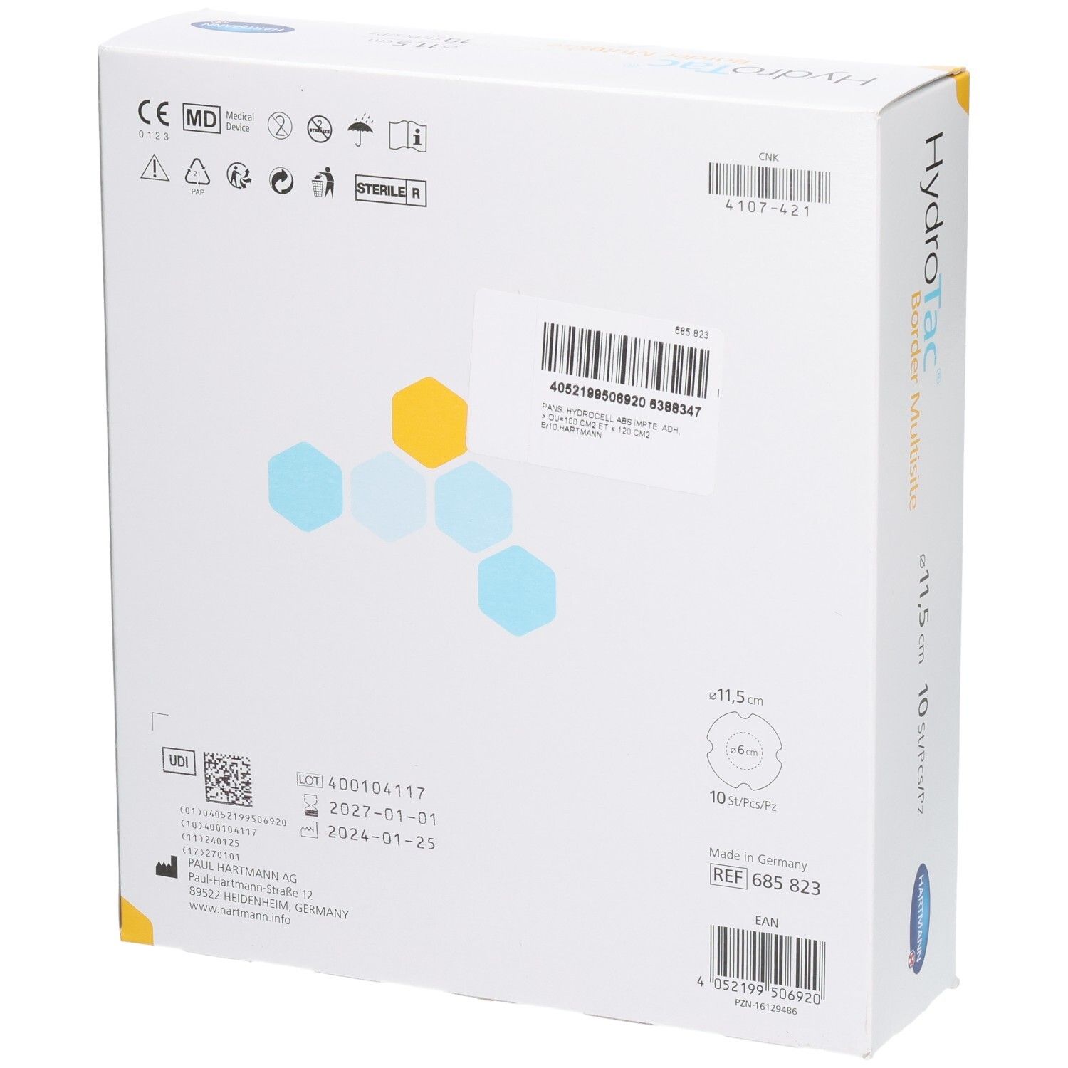 Dos de l'emballage HydroTac Border Multisite. Informations produit, numéro de lot, date de péremption et coordonnées du fabricant.