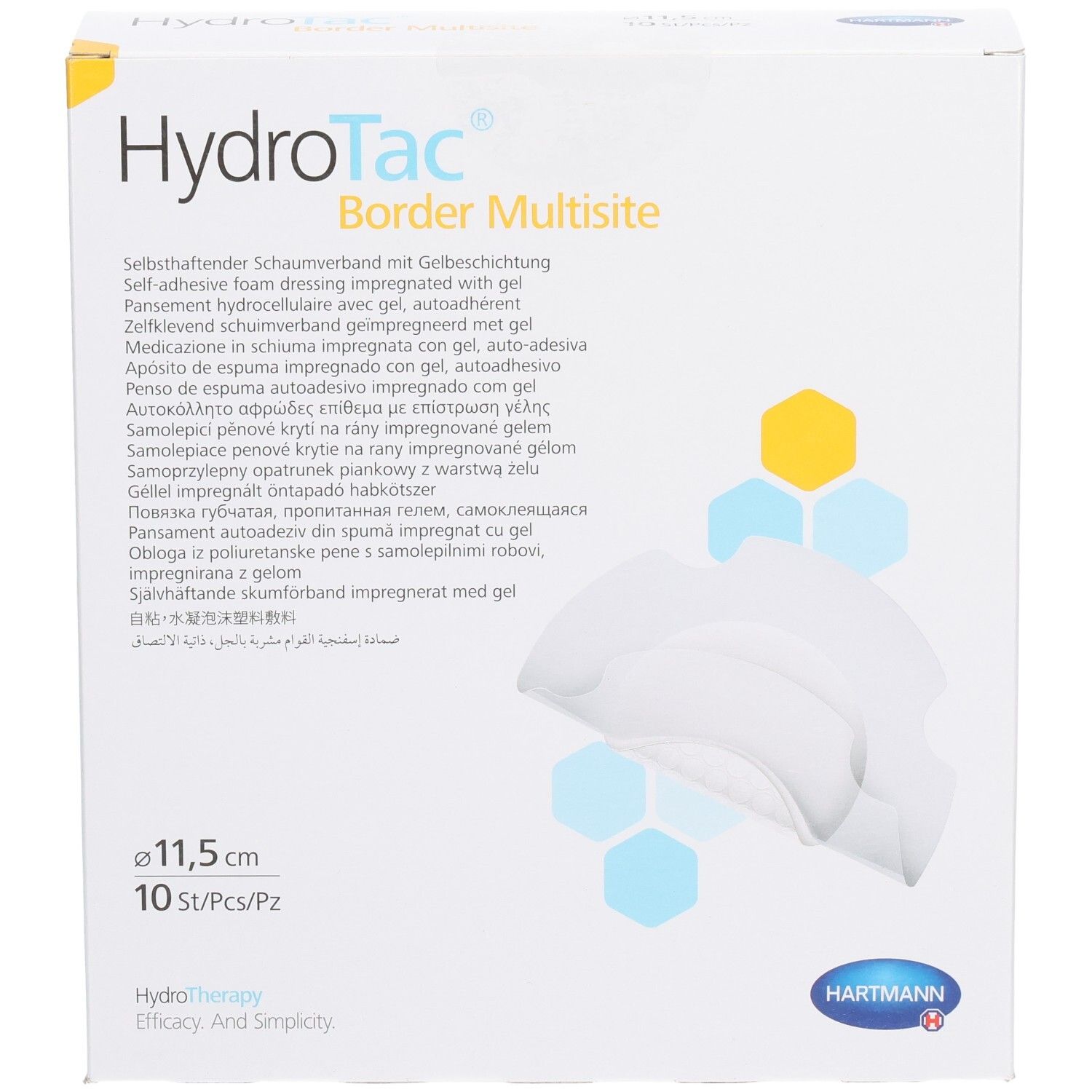 HydroTac Border Multisite, 11,5 cm, 10 pièces. Emballage avec image du produit et description multilingue.
