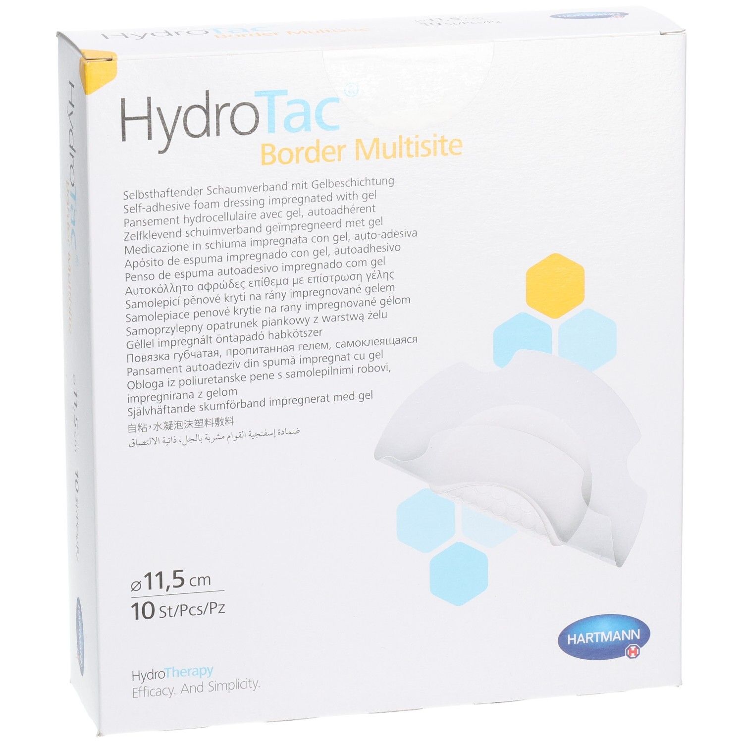 HydroTac Border Multisite, 11,5 cm, 10 pièces. Emballage avec image du produit et description multilingue.