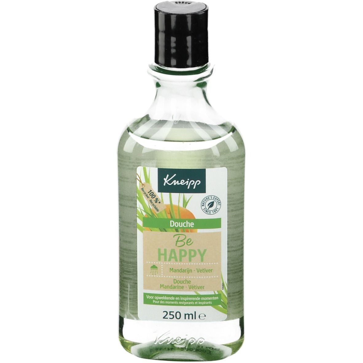 Flacon Kneipp® Be Happy Douche. Flacon en verre transparent avec bouchon noir. Étiquette avec nom et informations.