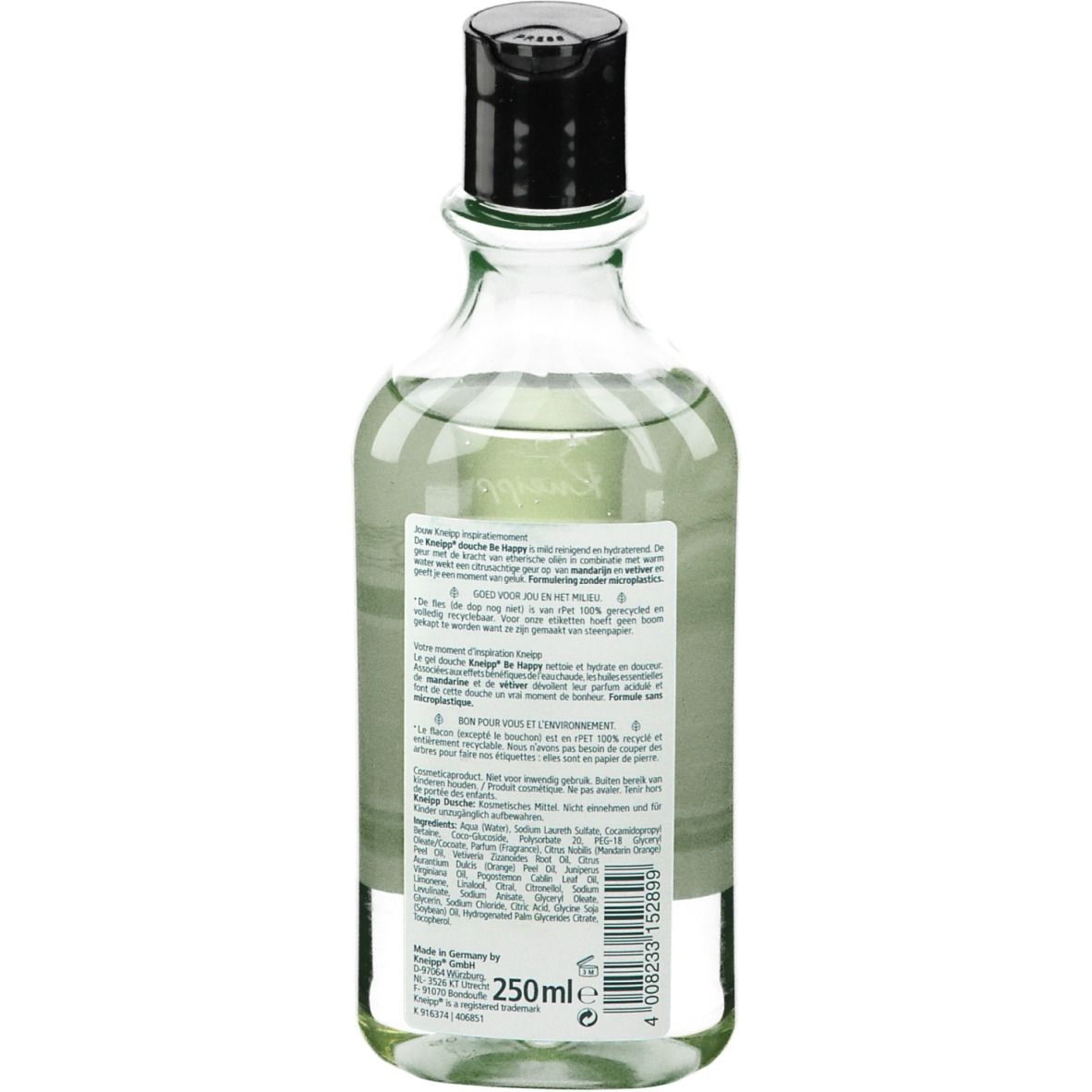 Vue arrière du flacon Kneipp® Be Happy Douche. Étiquette avec ingrédients et informations du fabricant.