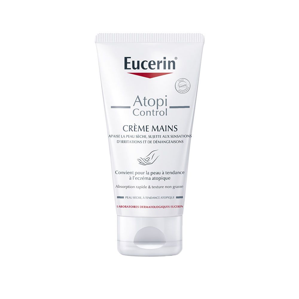 Tube de crème pour les mains Eucerin AtopiControl. Tube blanc avec texte rouge et noir. Contient une crème pour peaux sèches à tendance atopique.