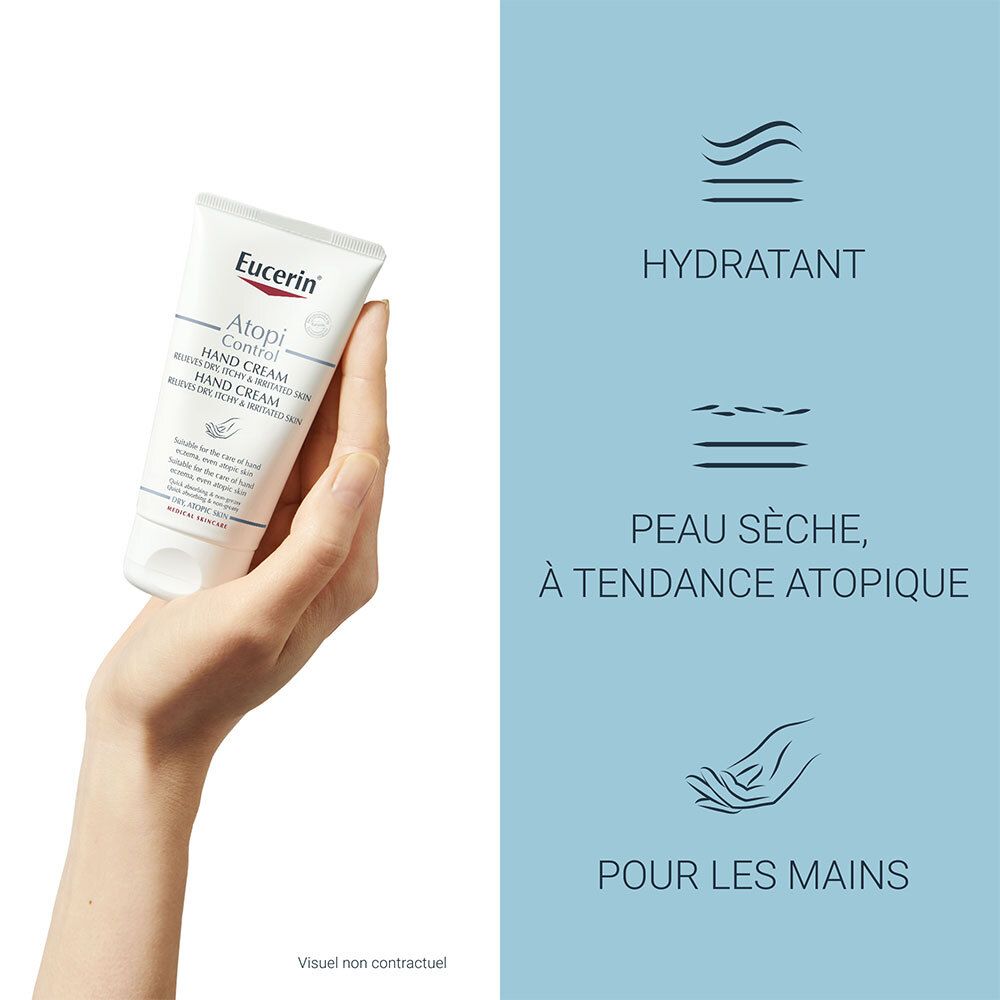 Main tenant un tube de crème pour les mains Eucerin AtopiControl. Texte : Hydratant, Peau sèche, à tendance atopique, Pour les mains.