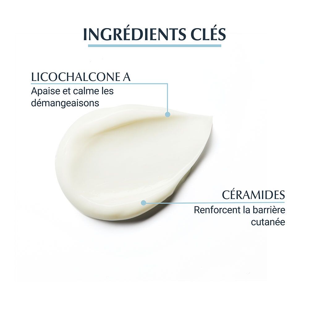 Gros plan sur une crème. Texte : Ingrédients clés : Licochalcone A, Céramides. Légende : Apaise les démangeaisons, Renforce la barrière cutanée.