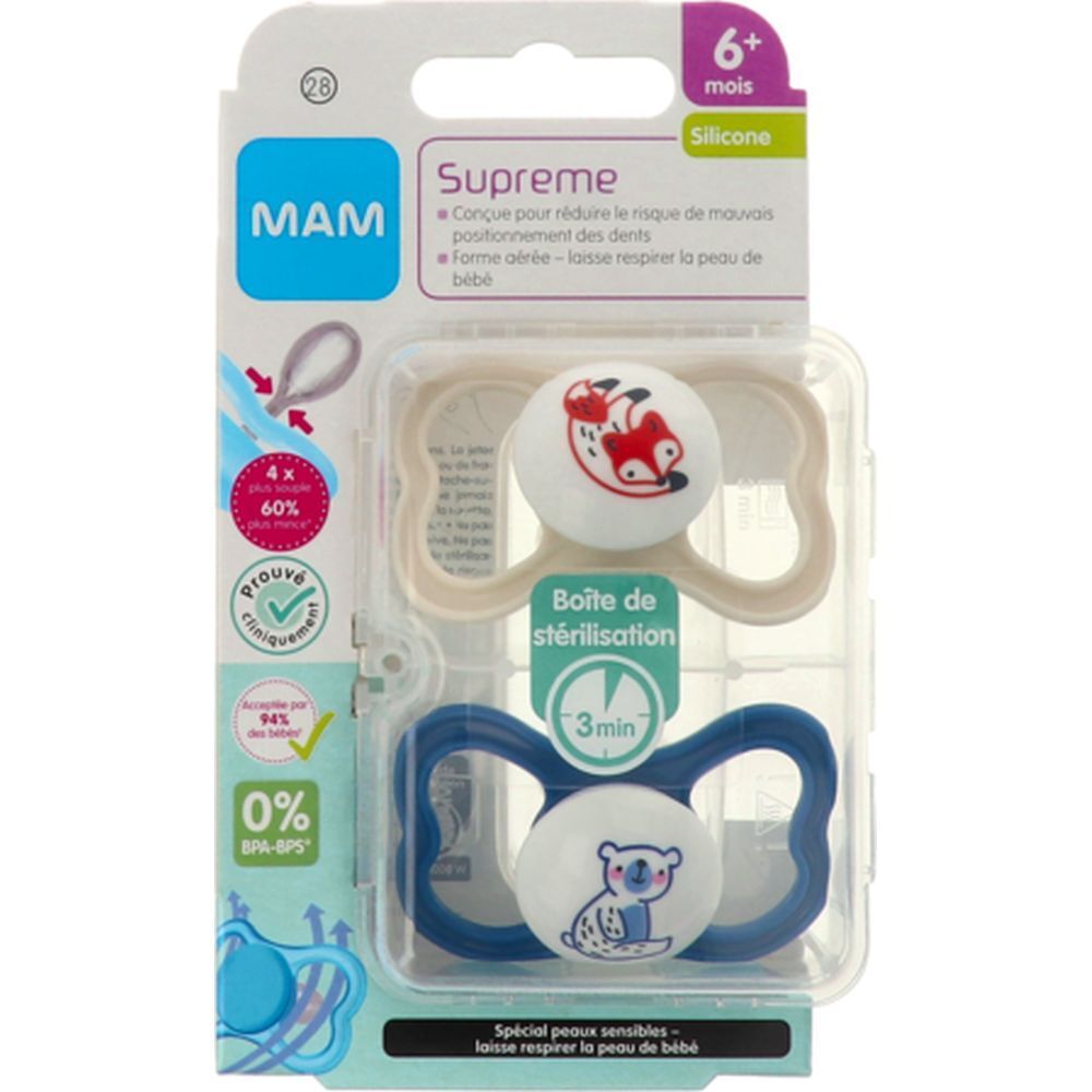 MAM SUPRÊME SUCETTE + 6 MOIS - Sucette anatomique, téterelle silicone, 2ème âge, N° 28.  -