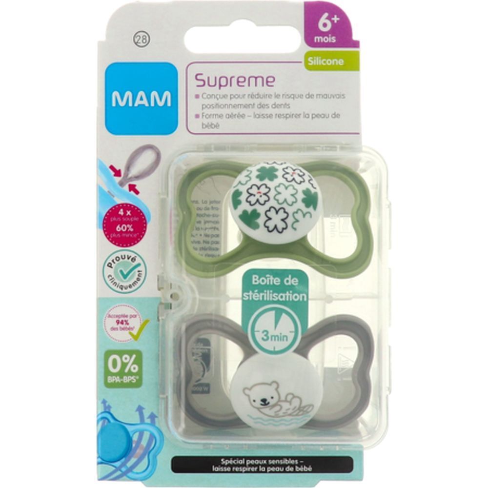 MAM SUPRÊME SUCETTE + 6 MOIS - Sucette anatomique, téterelle silicone, 2ème âge, N° 28.  -