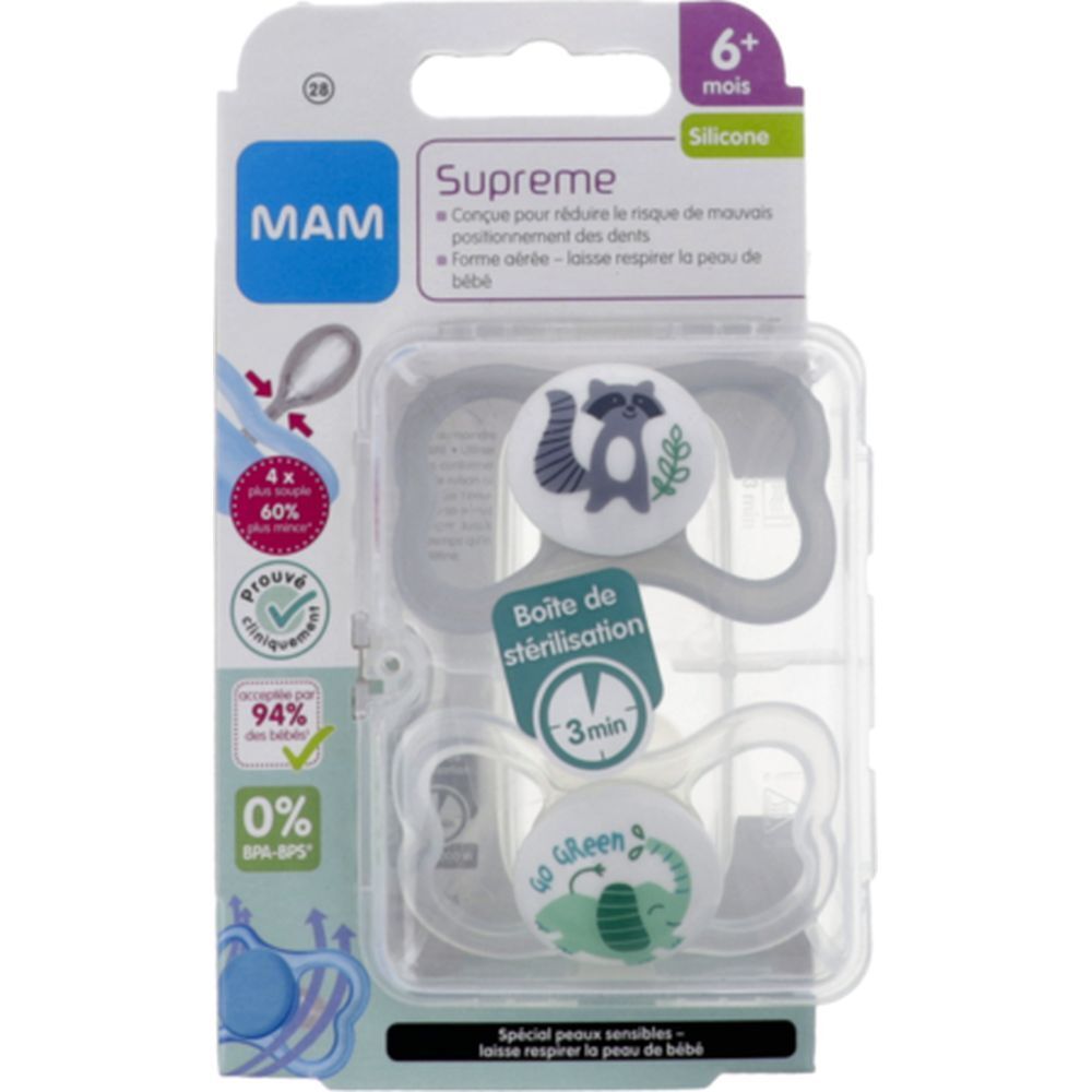 MAM SUPRÊME SUCETTE + 6 MOIS - Sucette anatomique, téterelle silicone, 2ème âge, N° 28.  -