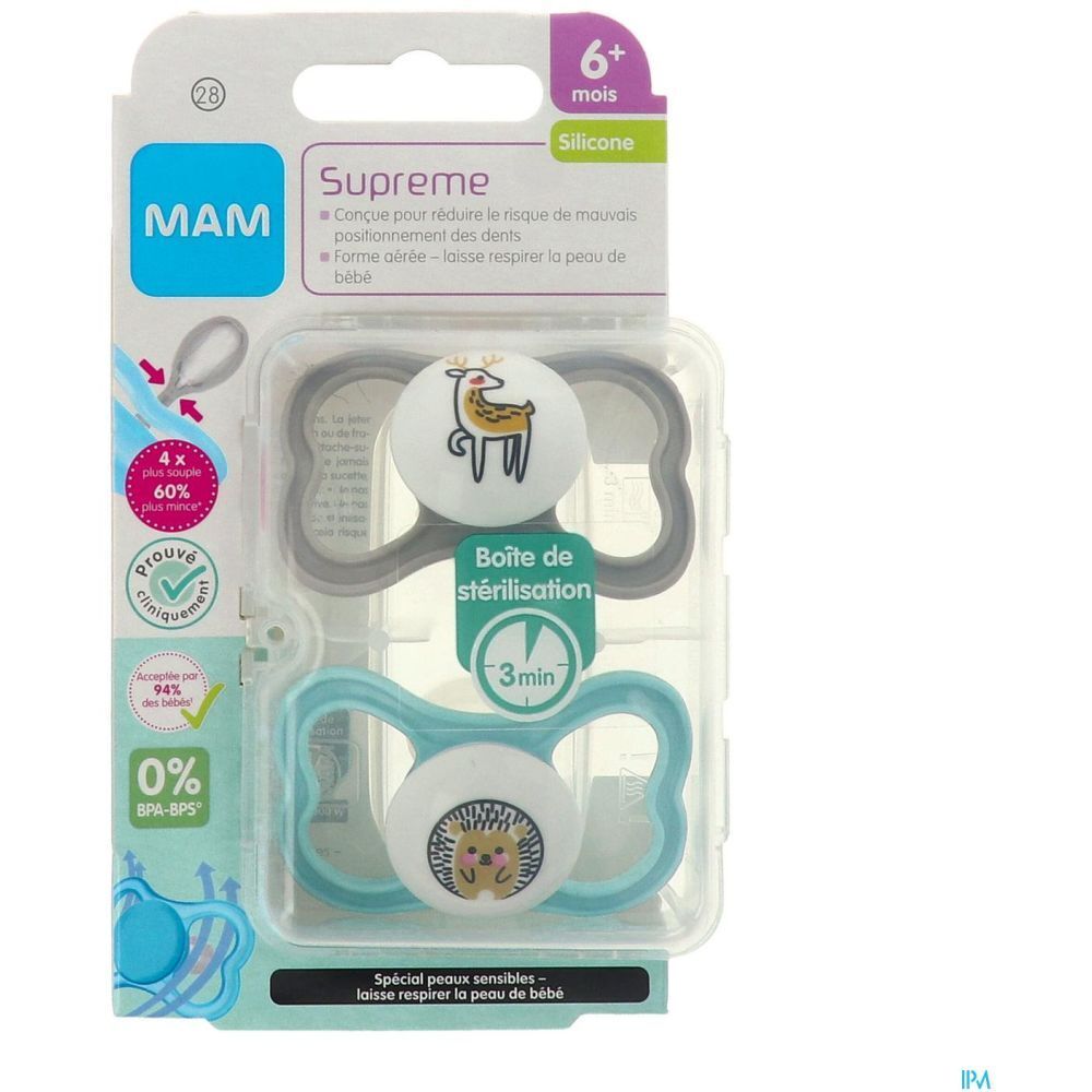 MAM SUPRÊME SUCETTE + 6 MOIS - Sucette anatomique, téterelle silicone, 2ème âge, N° 28.  -