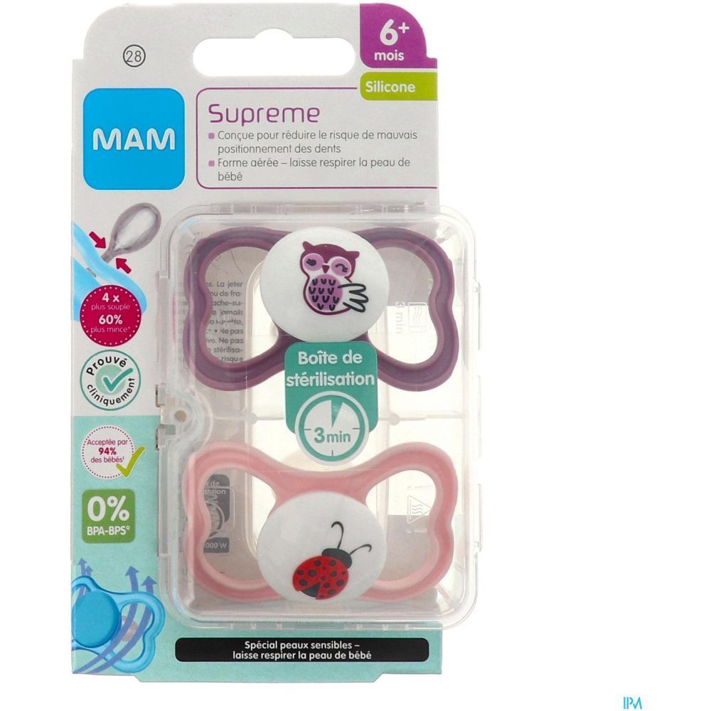 MAM SUPRÊME SUCETTE + 6 MOIS - Sucette anatomique, téterelle silicone, 2ème âge, N° 28.  -