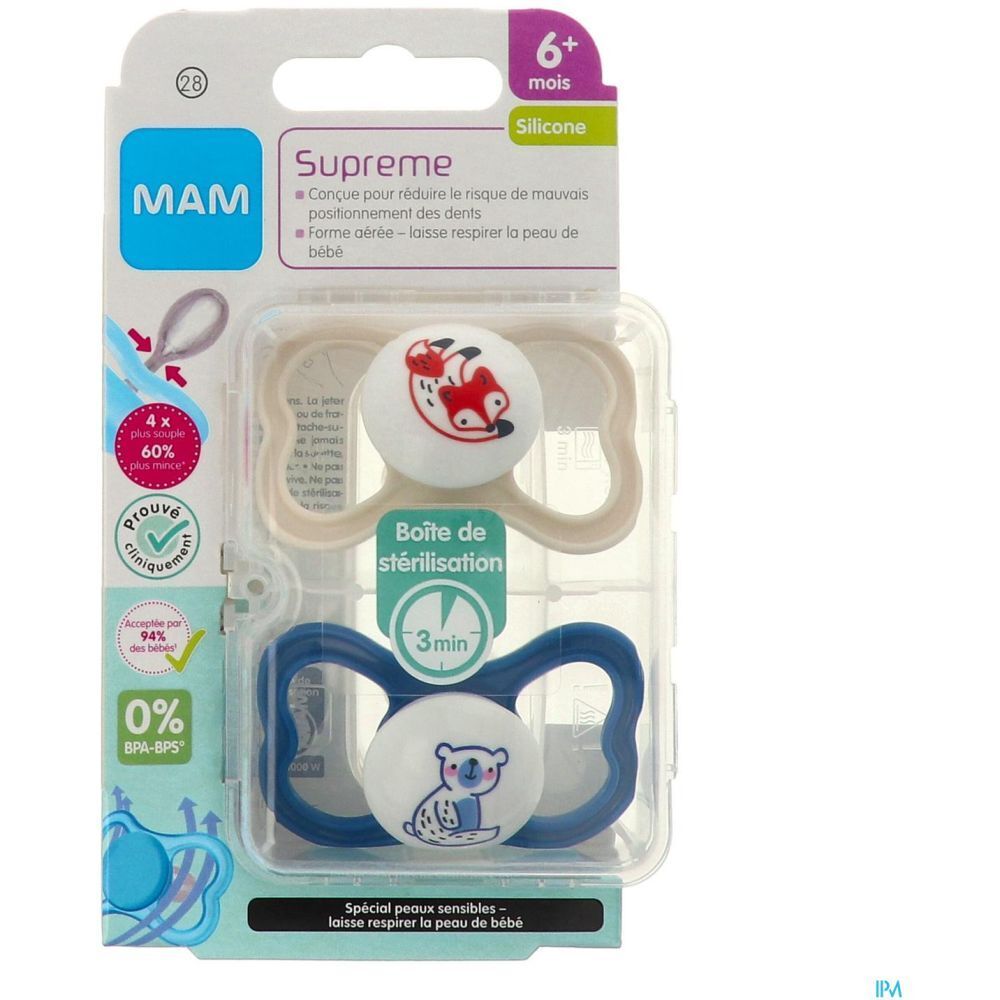 MAM SUPRÊME SUCETTE + 6 MOIS - Sucette anatomique, téterelle silicone, 2ème âge, N° 28.  -