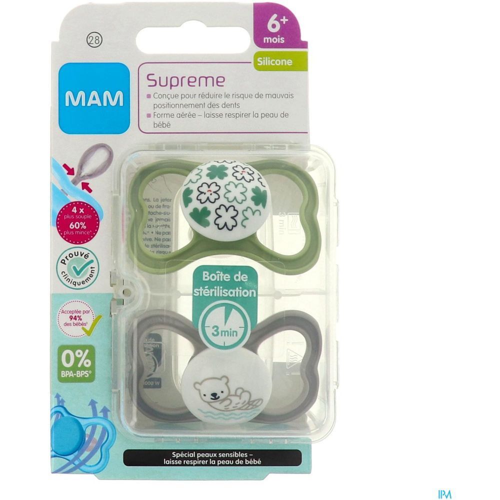 MAM SUPRÊME SUCETTE + 6 MOIS - Sucette anatomique, téterelle silicone, 2ème âge, N° 28.  -