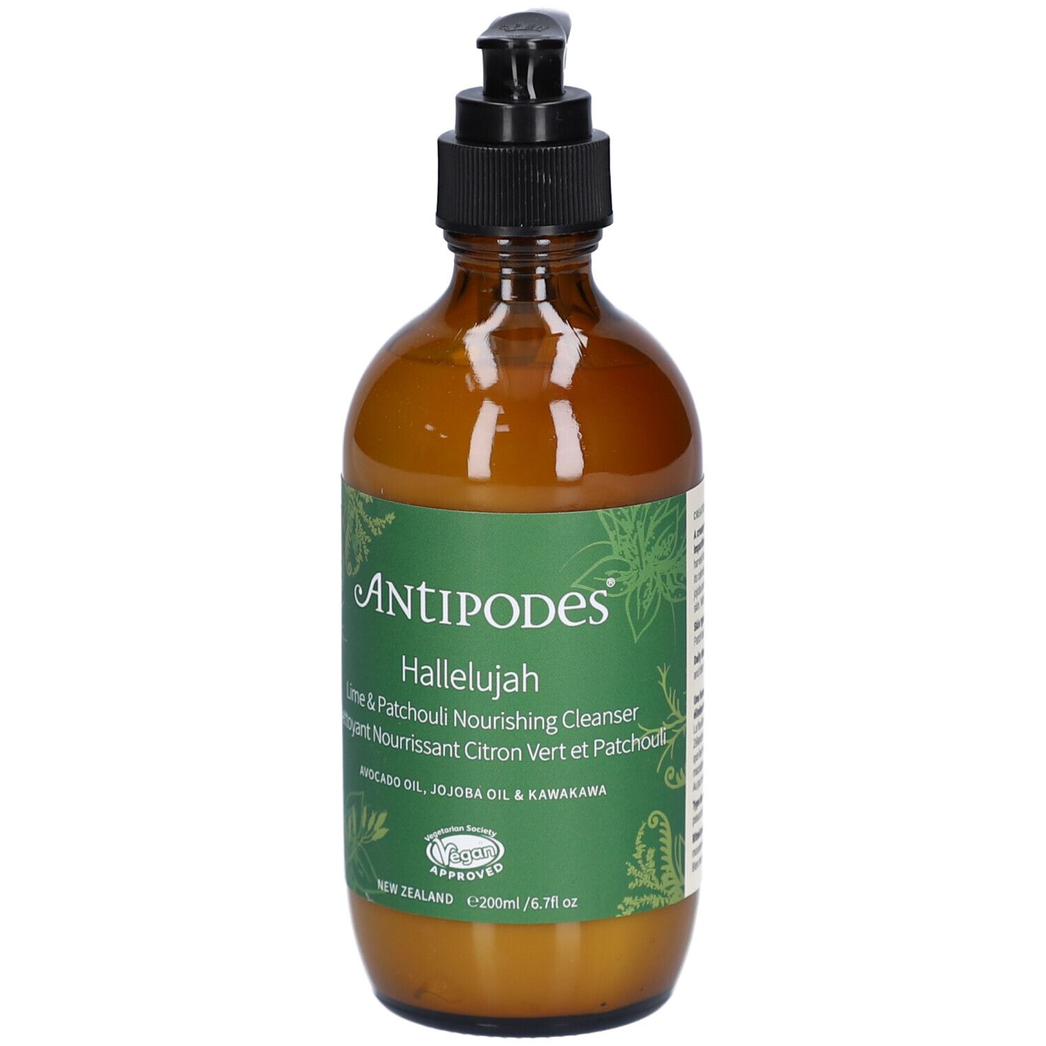 Flacon en verre brun avec pompe noire. Étiquette avec ANTIPODES, Hallelujah et informations produit. Label Vegan.