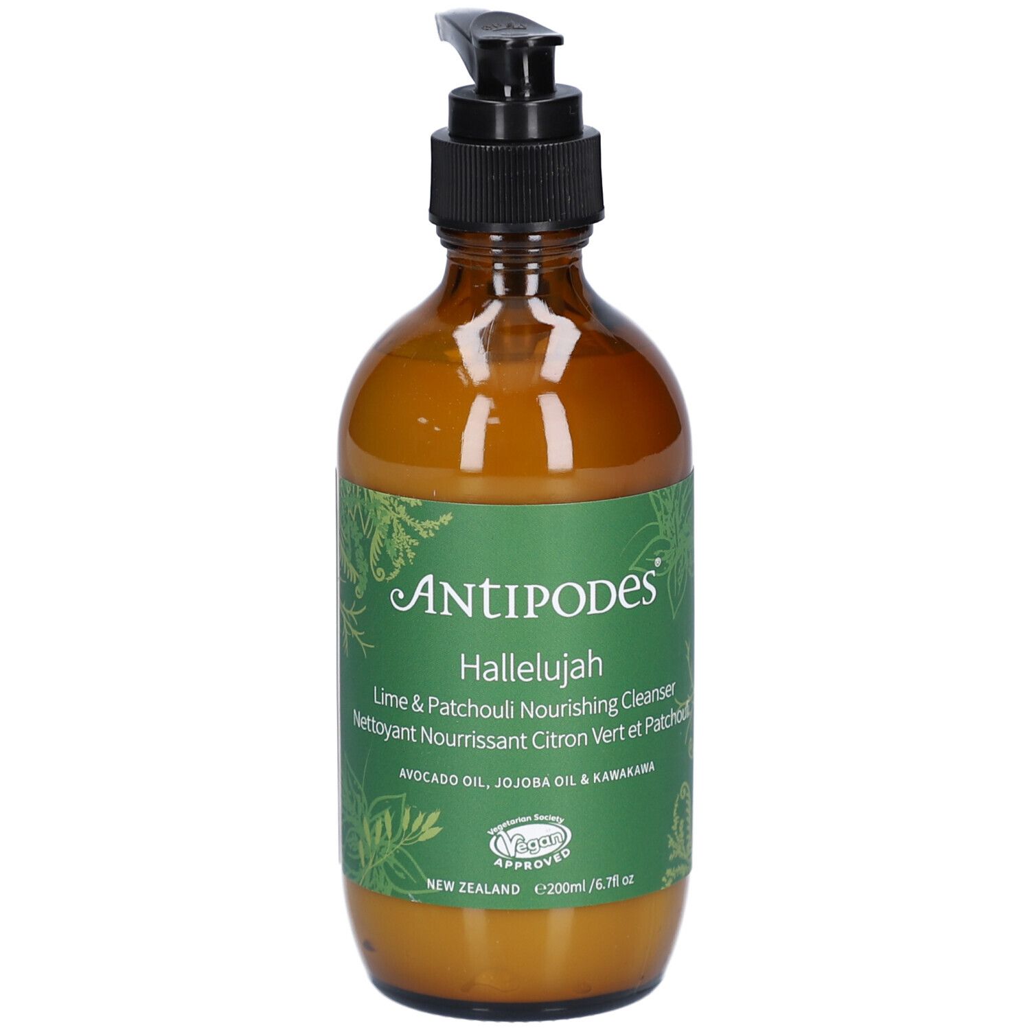 Flacon en verre brun avec pompe noire. Étiquette avec ANTIPODES, Hallelujah et informations produit. Label Vegan.