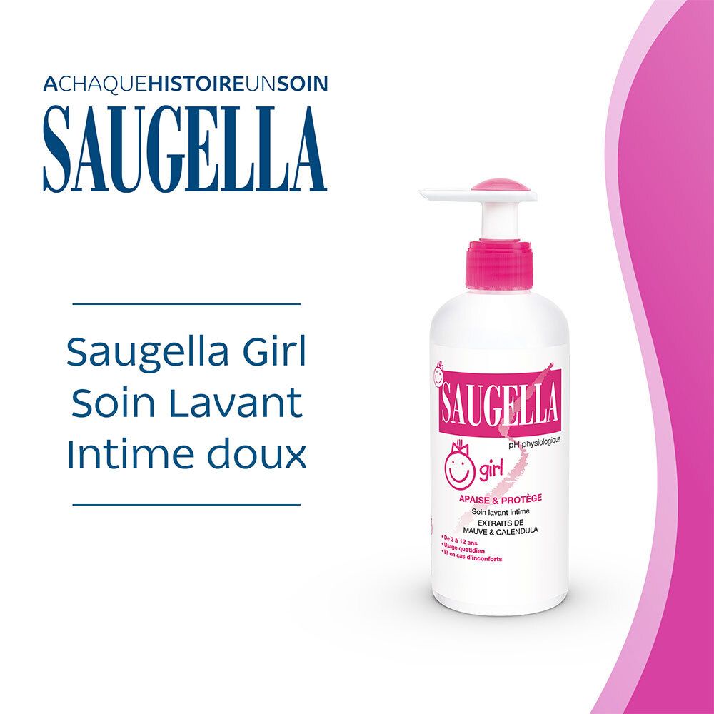 Saugella - Girl - Soin lavant intime féminin - à base d’extraits de Malva sylvestris et de Calendula officinalis - à partir de 3 ans - Flacon Pompe 200 ml