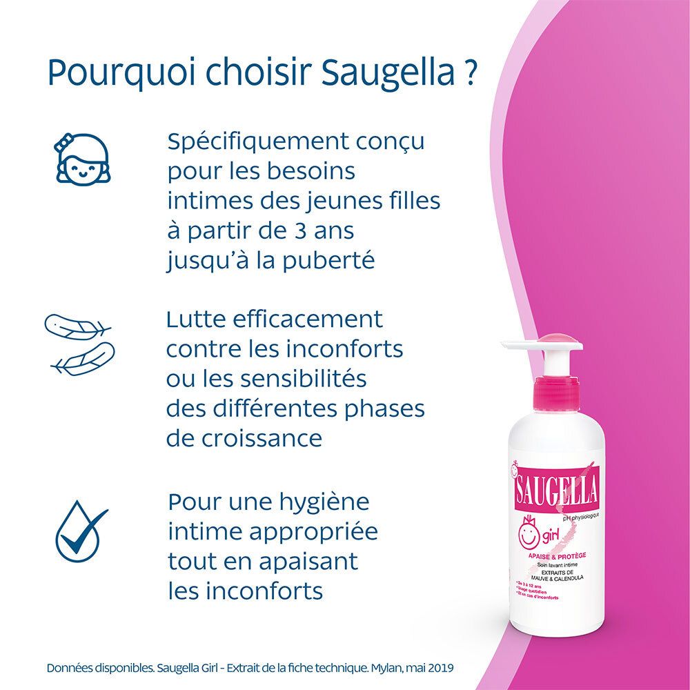 Saugella - Girl - Soin lavant intime féminin - à base d’extraits de Malva sylvestris et de Calendula officinalis - à partir de 3 ans - Flacon Pompe 200 ml