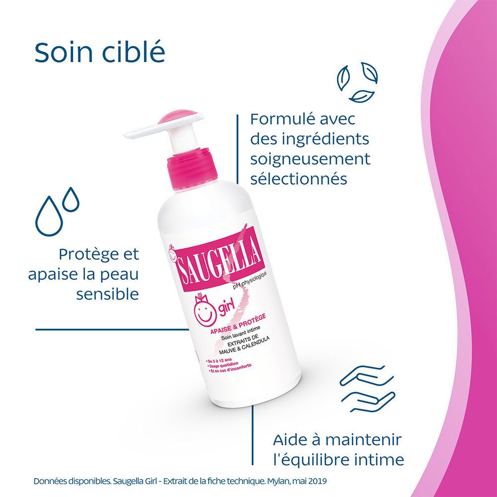 Saugella - Girl - Soin lavant intime féminin - à base d’extraits de Malva sylvestris et de Calendula officinalis - à partir de 3 ans - Flacon Pompe 200 ml