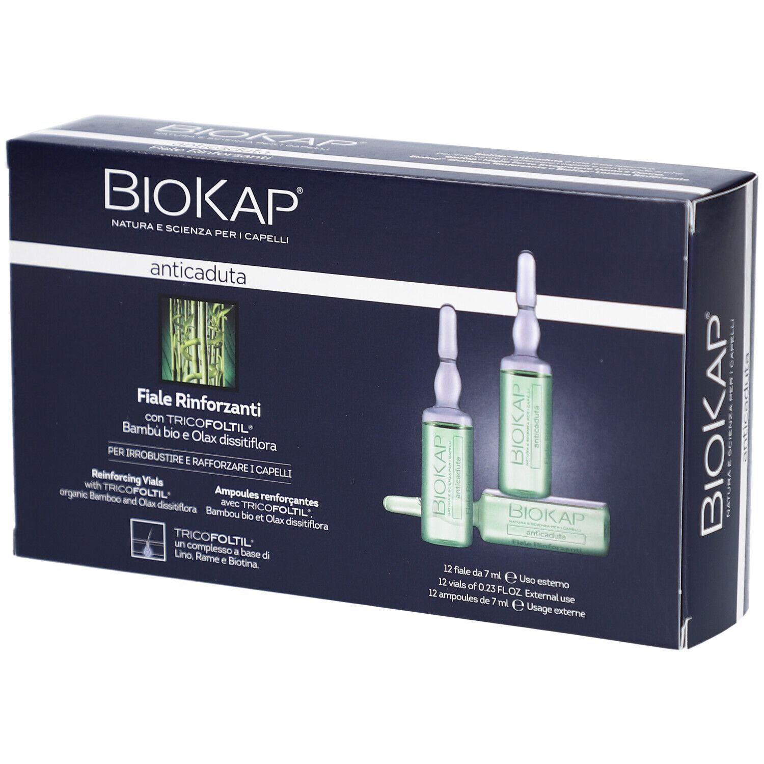 Boîte de BIOKAP ampoules antichute. Contient 12 ampoules. Nom du produit et logo visibles.
