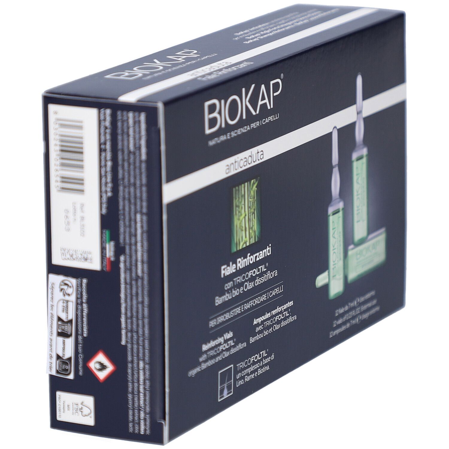 Boîte BIOKAP ampoules antichute, vue latérale. Logo et nom du produit visibles. Texte et code-barres.