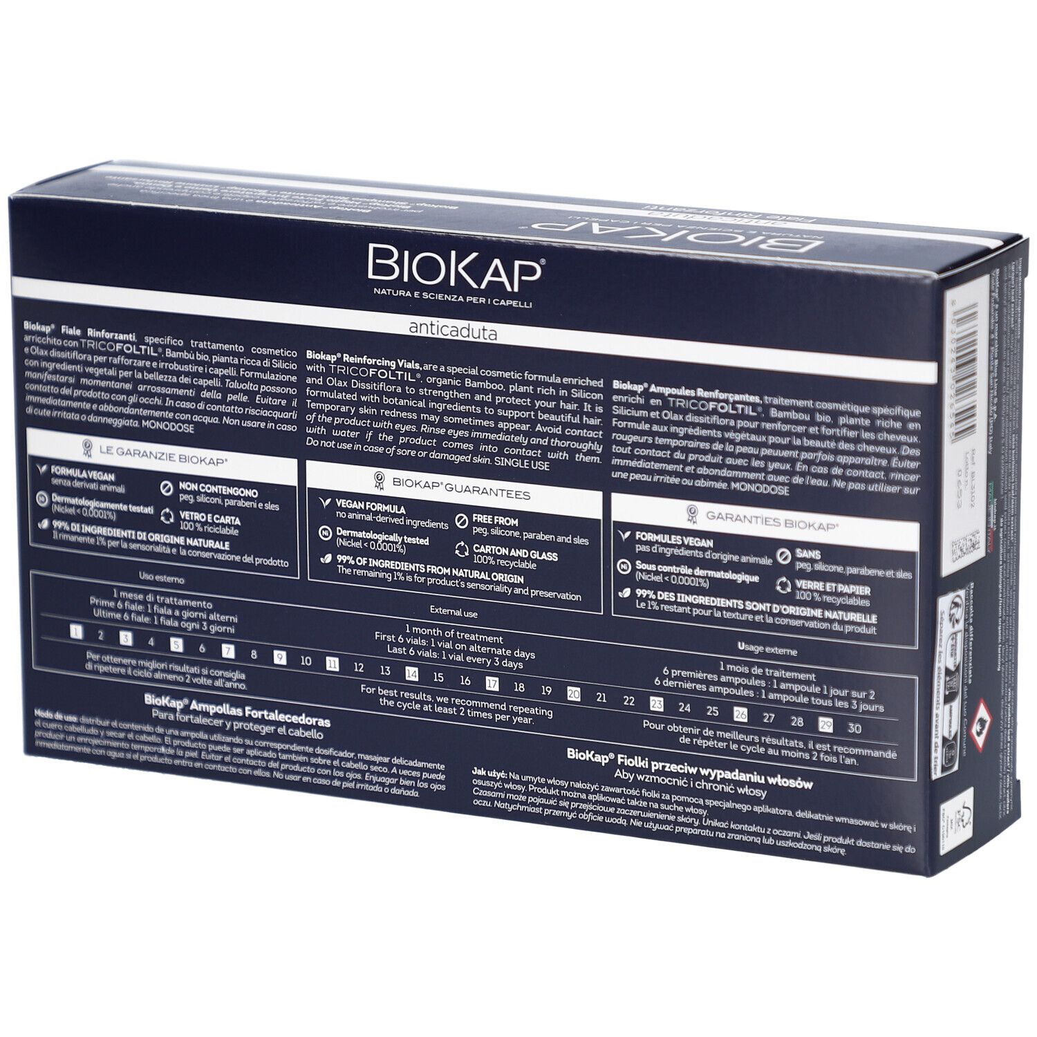 Dos de la boîte d'ampoules BIOKAP antichute. Informations textuelles et logos.