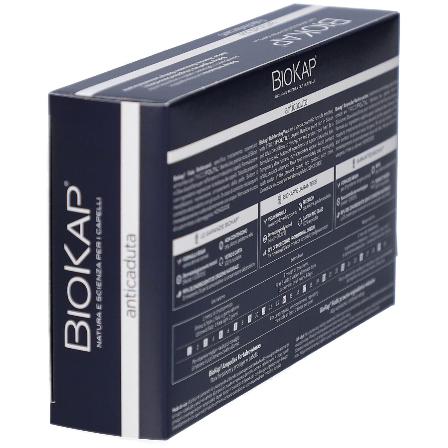 Boîte BIOKAP ampoules antichute, vue en biais. Logo et nom du produit clairement visibles.