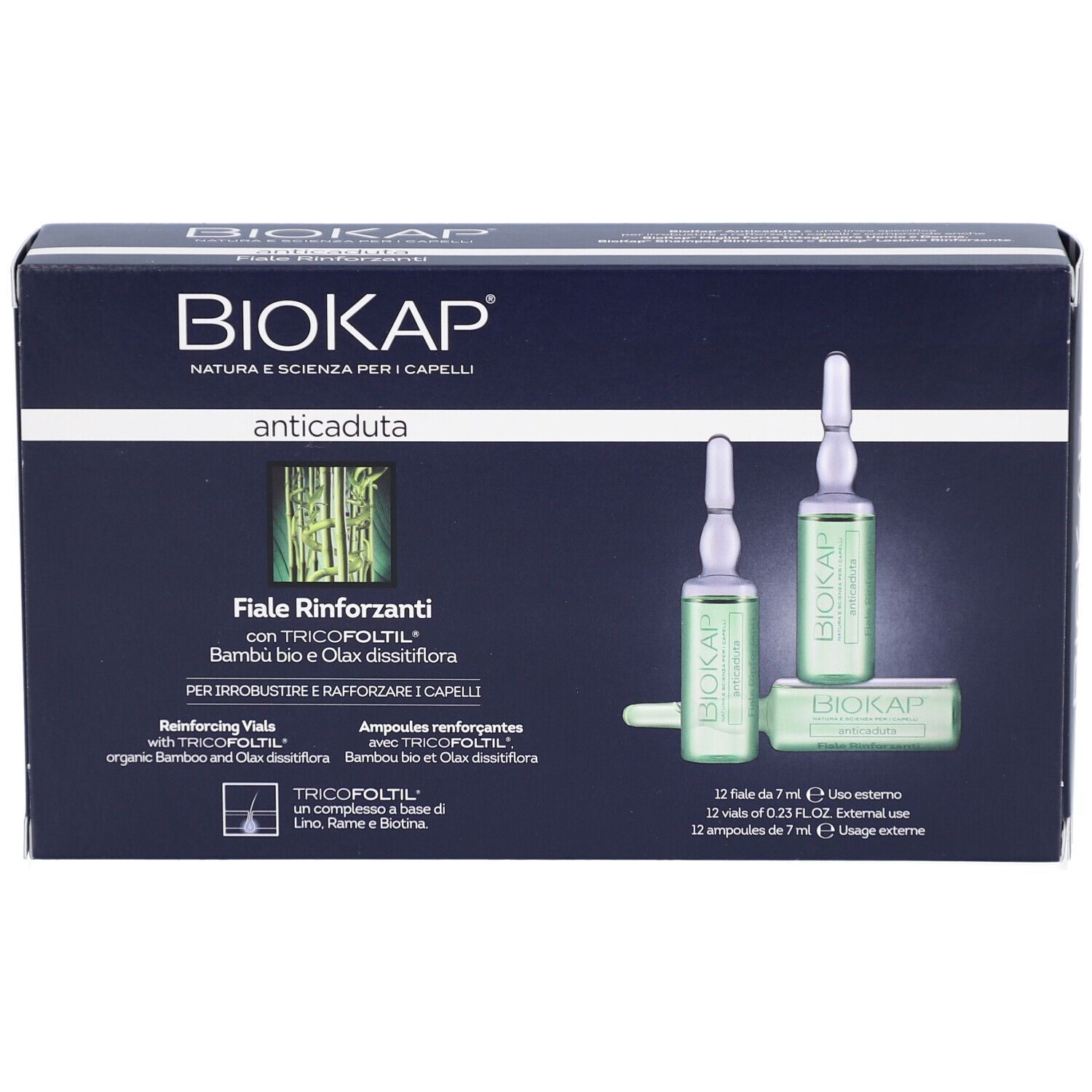 Boîte d'ampoules BIOKAP antichute. 12 ampoules et nom du produit visibles.