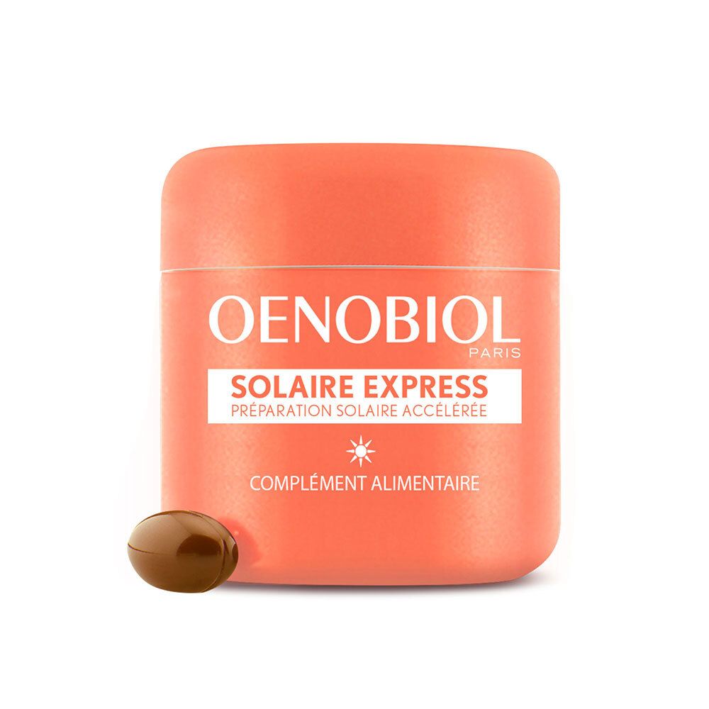 Boîte OENOBIOL et gélule. Boîte orange avec texte blanc. Une gélule marron à côté.