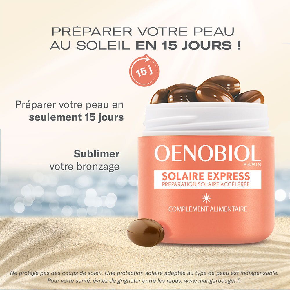 Boîte OENOBIOL et gélule sur la plage. Texte : Préparer la peau en 15 jours. Une gélule.