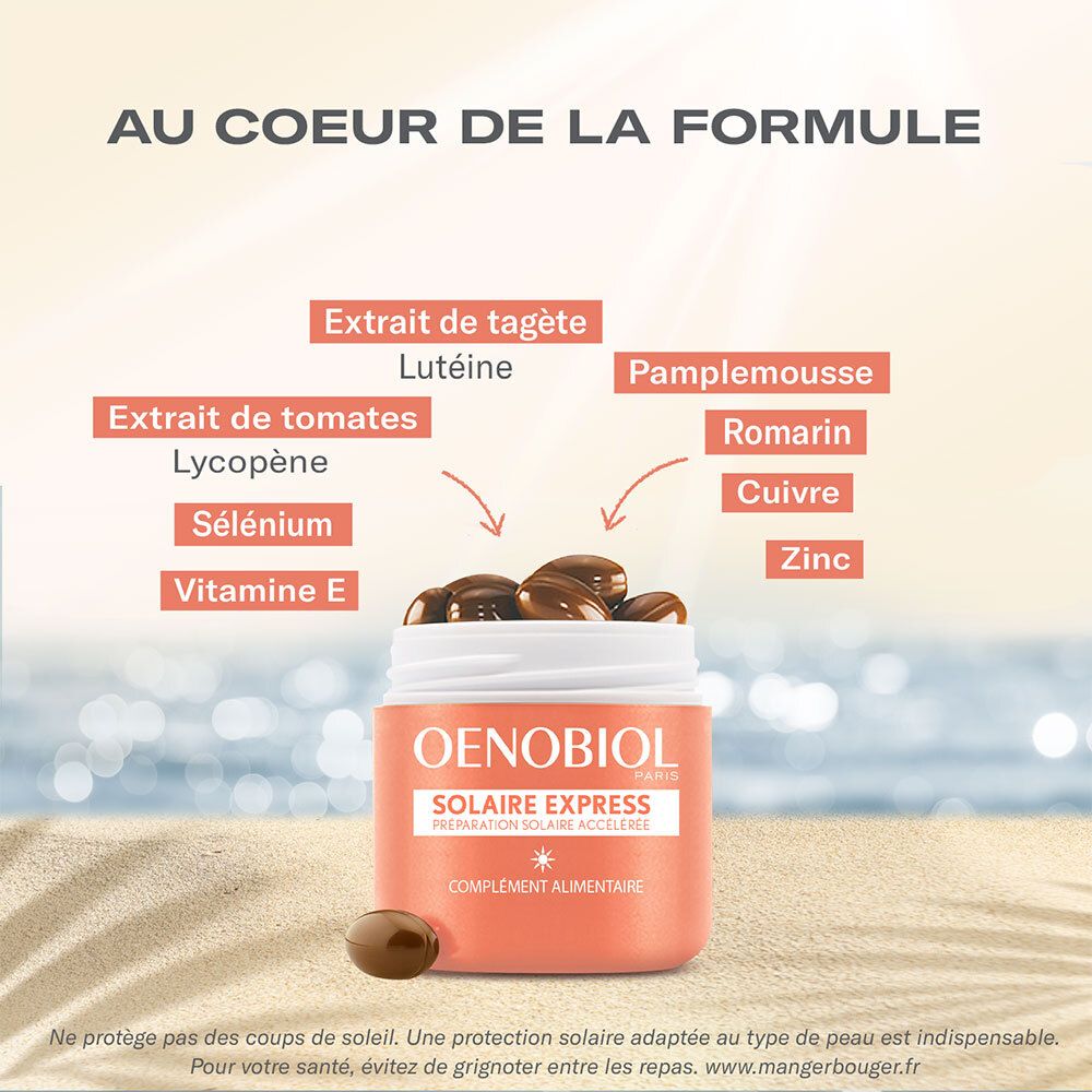 Ingrédients OENOBIOL. Gélules et boîte. Texte : Extraits de tagète, tomate, sélénium, etc.
