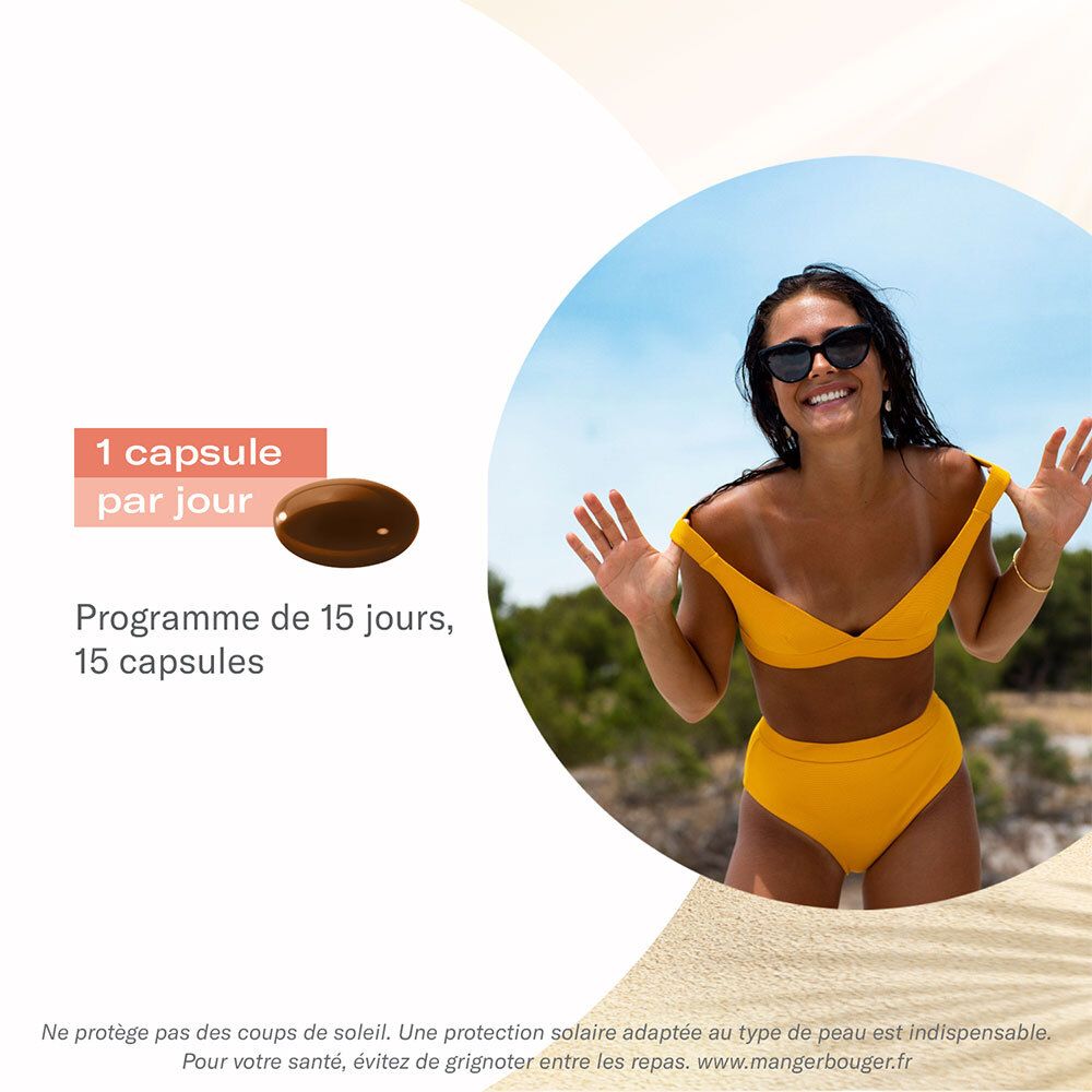 Femme en bikini jaune et lunettes de soleil. Une gélule. Texte : 1 gélule par jour, 15 gélules.