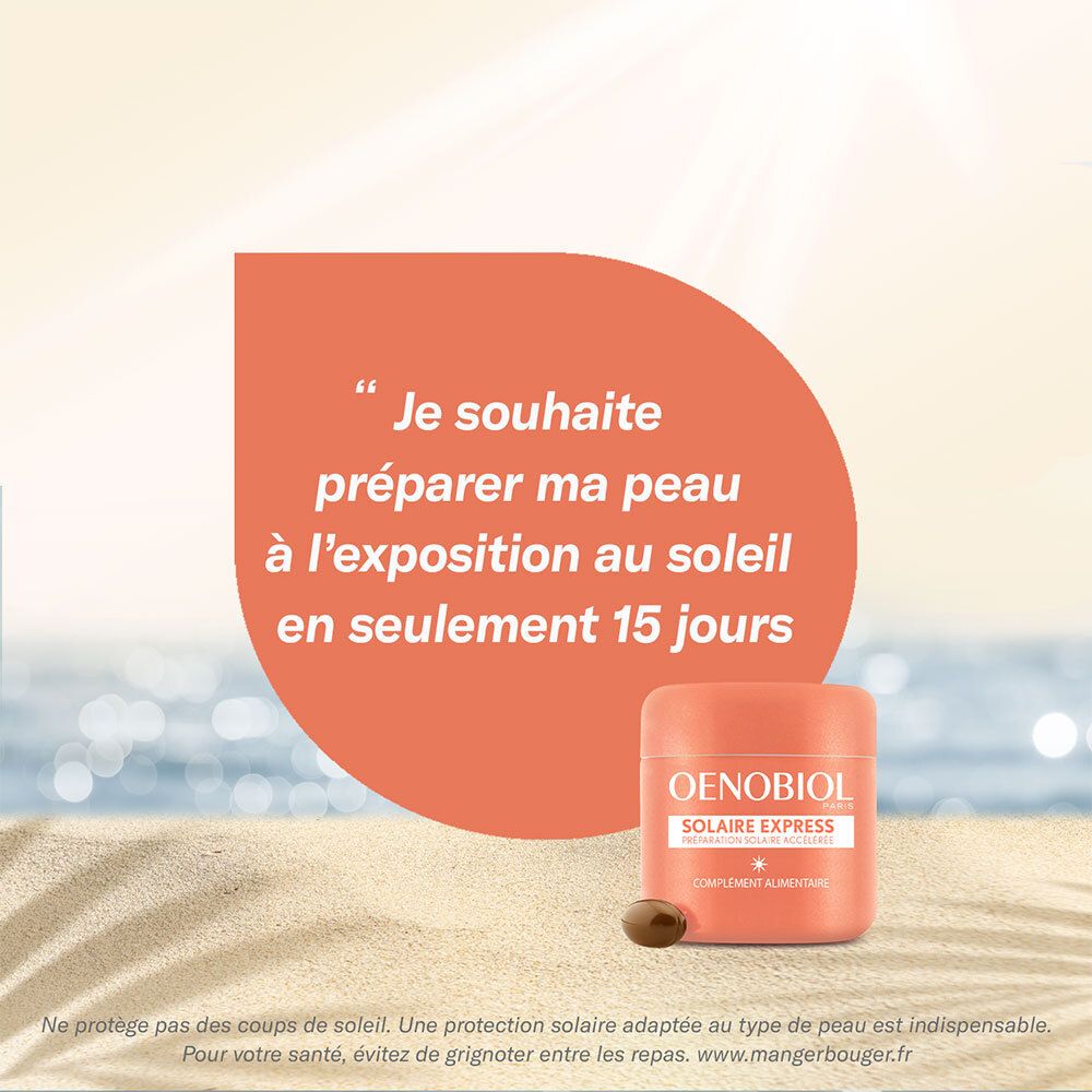 Boîte OENOBIOL et gélule sur la plage. Texte : Je souhaite préparer ma peau en 15 jours.